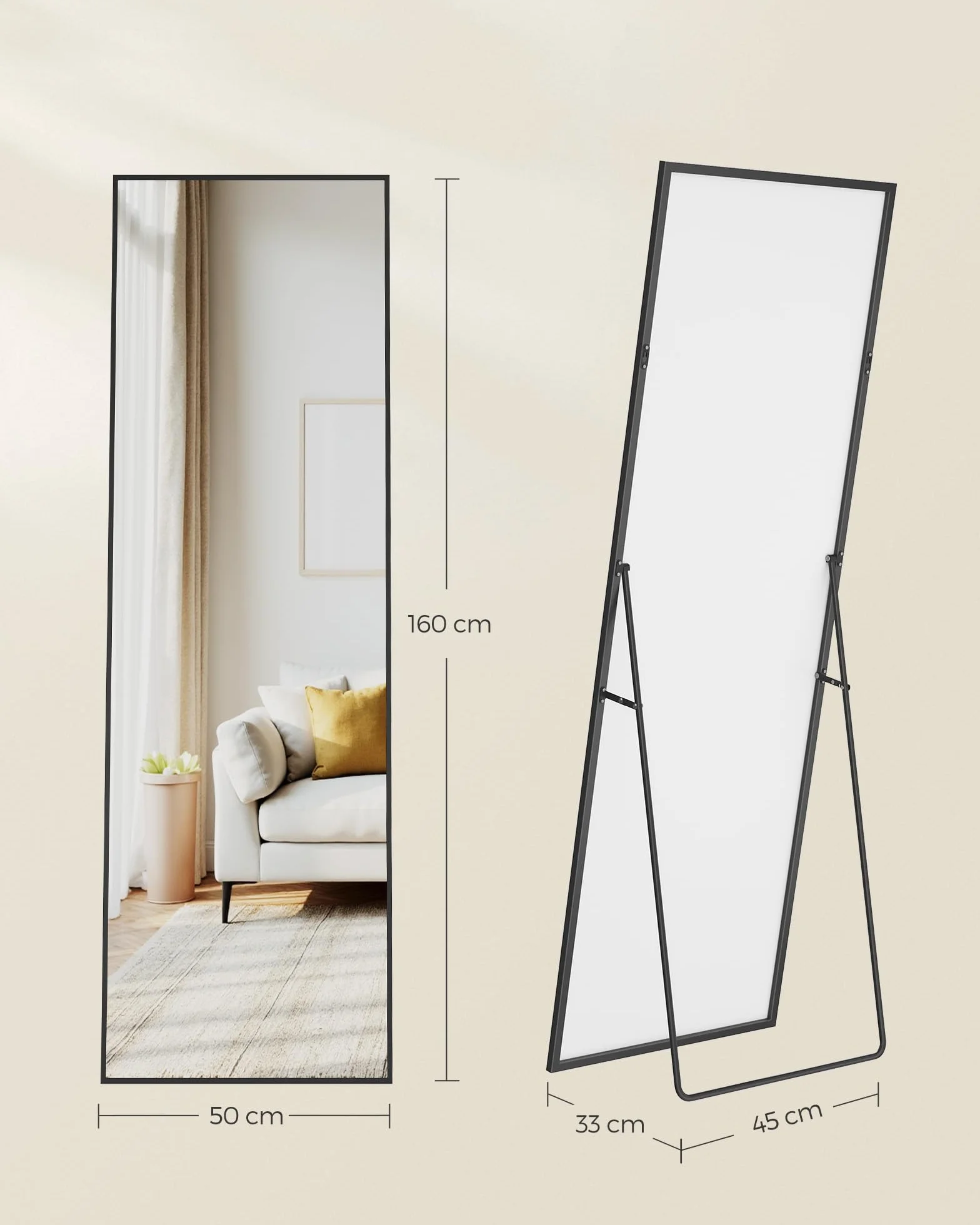 SONGMICS Miroir Intégral, Miroir Rectangulaire sur Pied, à Poser au Sol, Cadre en Alliage d’Aluminium, Verre Trempé, pour Chambre, Salon, Dressing, Coins Droits, 160 x 50 cm, Noir d'encre LFM050BD01