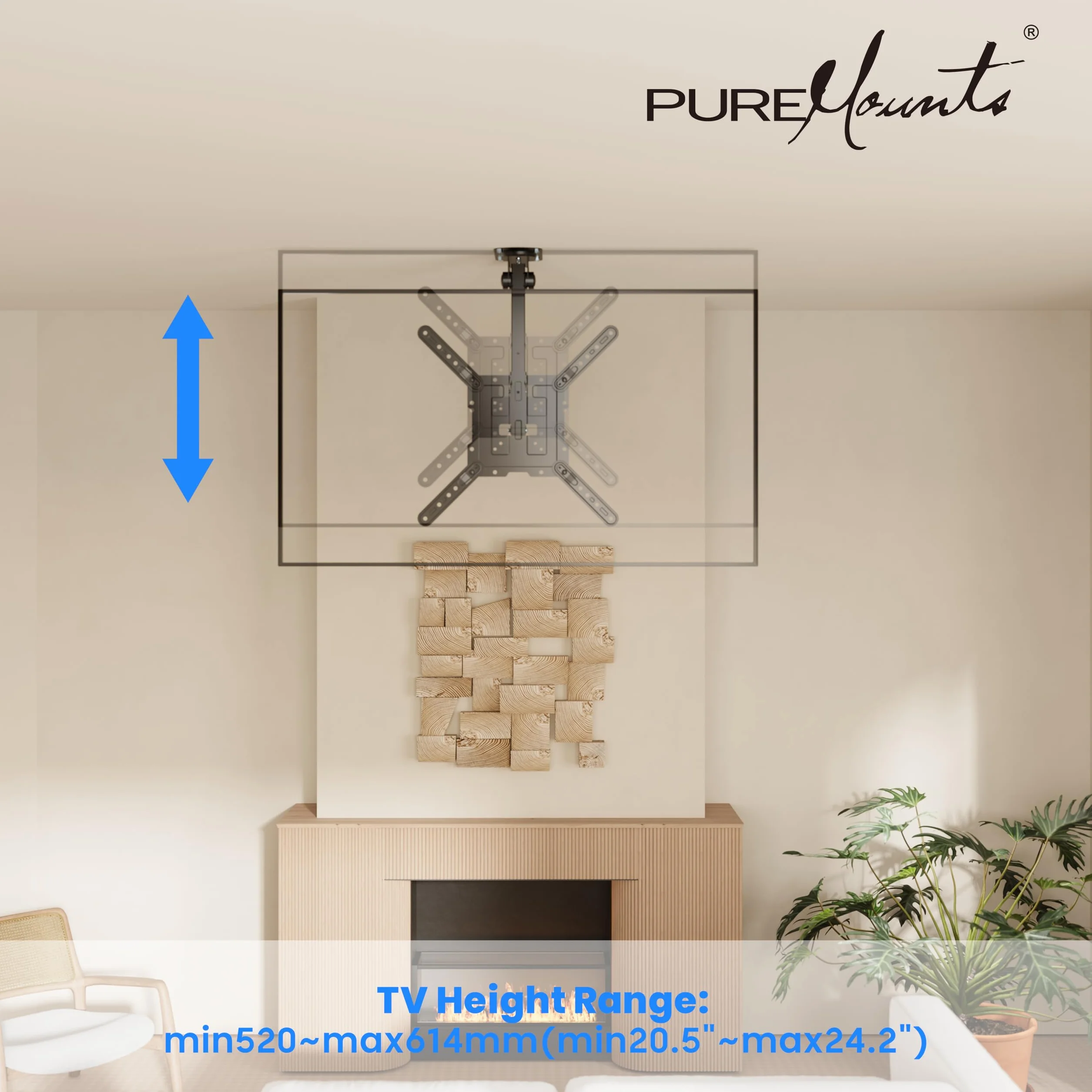 PureMounts Support TV pour Plafond, adapté aux téléviseurs 23-55 Pouces, Pliable, réglable en Hauteur, pivotant, inclinable, jusqu'à VESA 400x400, Noir