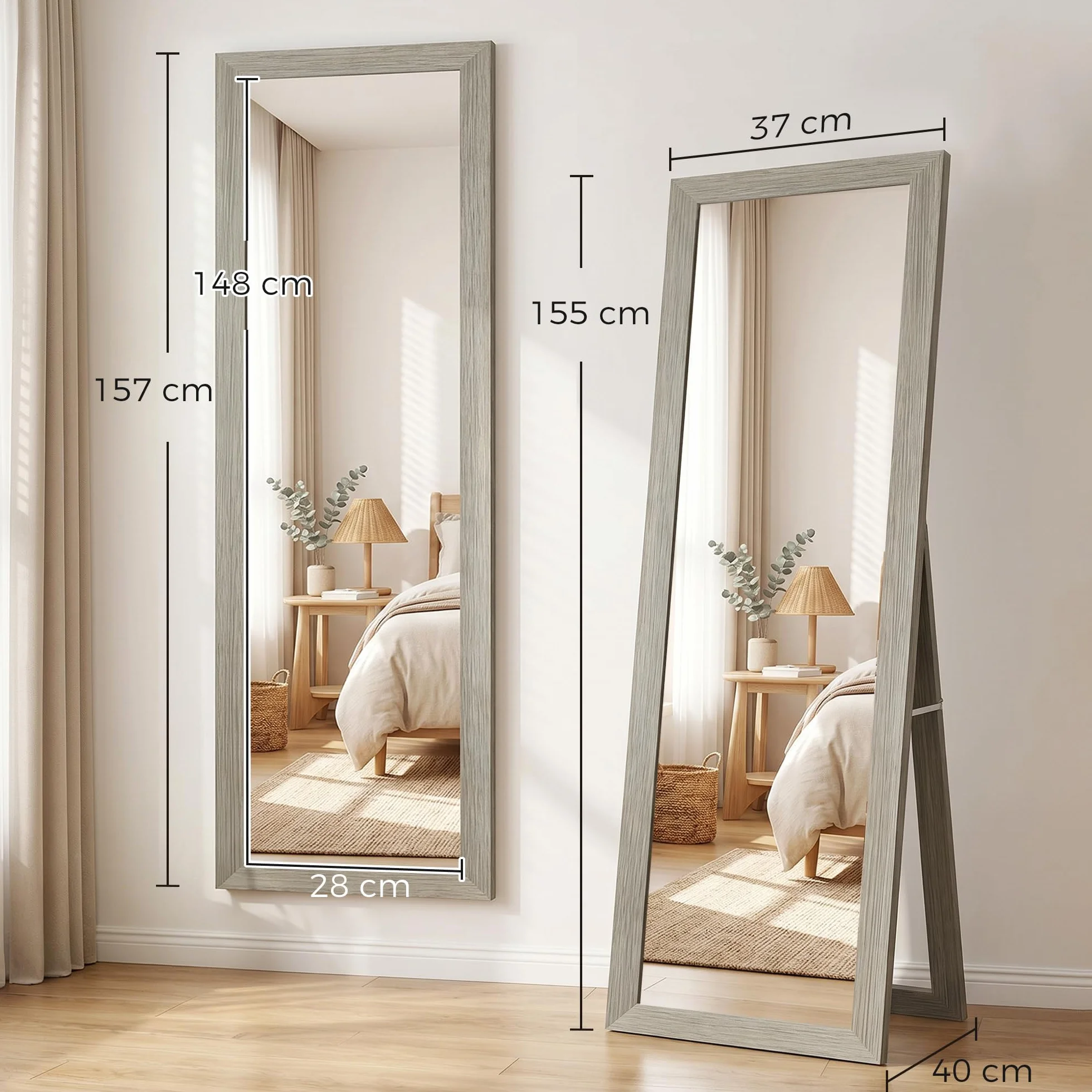 HOMCOM Miroir Rectangulaire sur Pied Mural ou à Poser avec Cadre en Bois 37 x 157 cm Gris