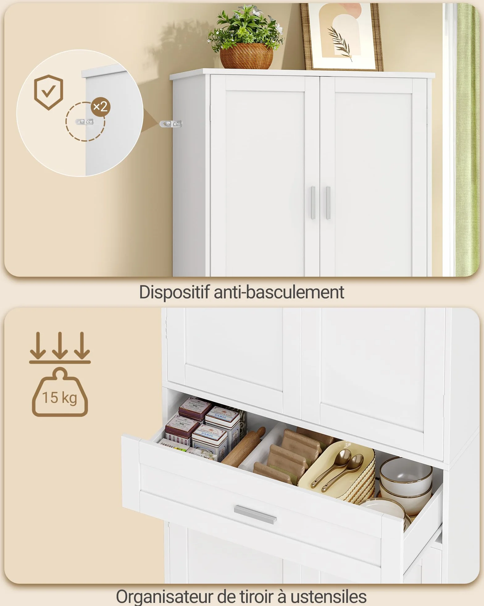 Hzuaneri Meuble Cuisine, Buffe Haute avec Porte-étagère 6 Niveaux, Meuble de Rangement avec 4 Portes et 1 Grand Tiroir, Style Moderne, Cuisine, Salon, 40 x 80 x 180 cm, Blanc PT21003X