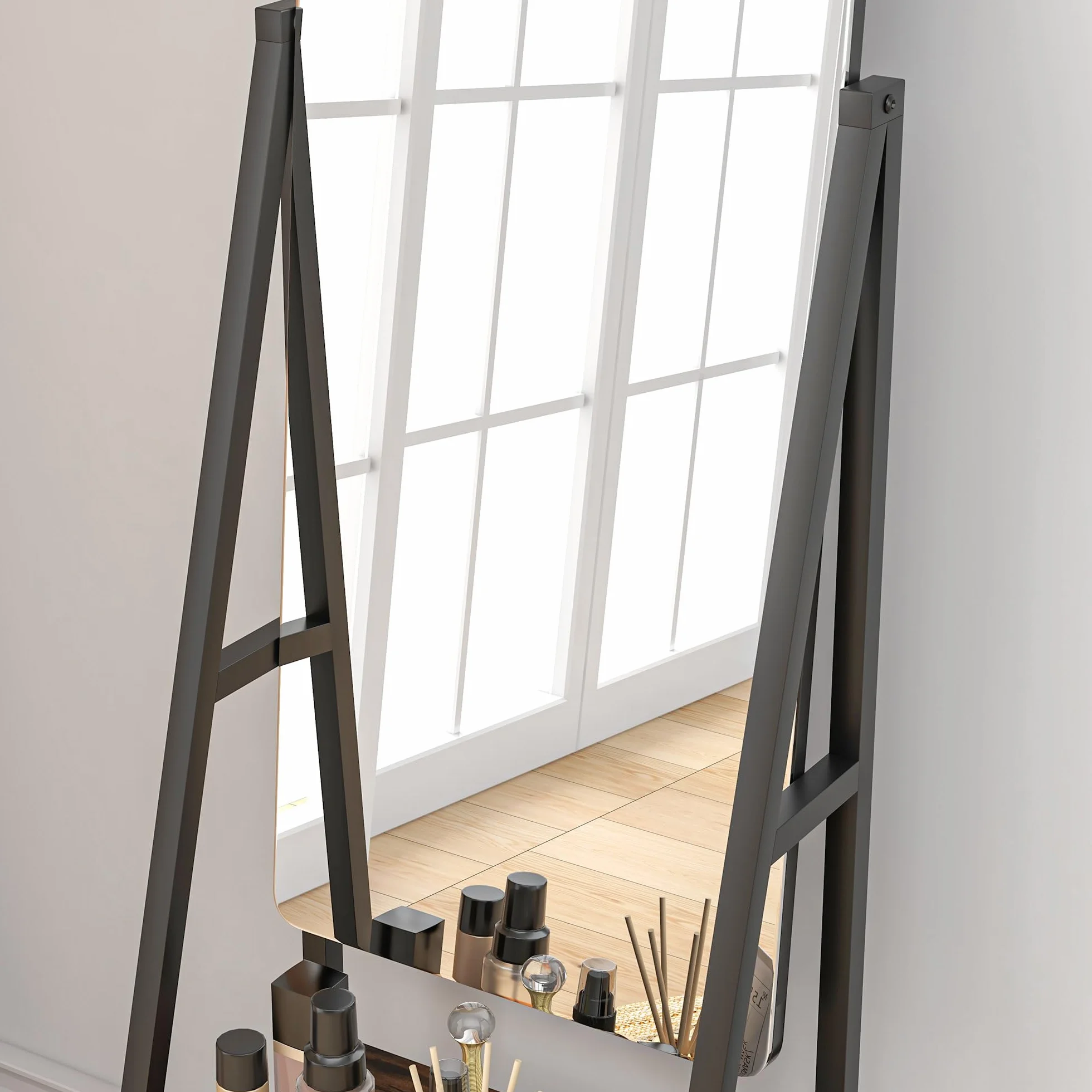 HOMCOM Miroir sur Pied rectangulaire avec Angle Ajustable, Miroir de Sol sur roulettes, 2 étagères, 4 Roues, 42x37x155 cm, Noir et Brun Rustique