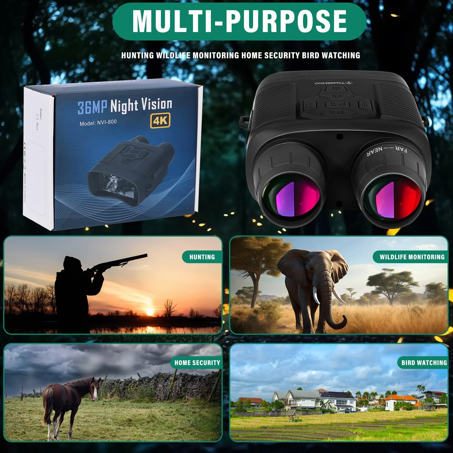 TOMSHOO Noktowizor, 4K 36 MP 300 m, gogle Night Vision z 4000 mAh, możliwość ponownego ładowania, karta pamięci 32 G, zoom cyfrowy 6,8x, reflektor IR 850 nm do monitorowania, obserwacji zwierząt