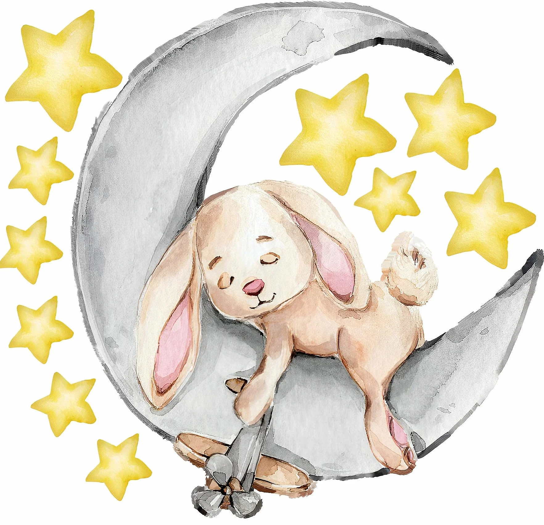 WandSticker4U Stickers Muraux Enfants LAPIN SUR LA LUNE 58x48 cm Autocollants Décoratifs Animaux Forêt Étoiles