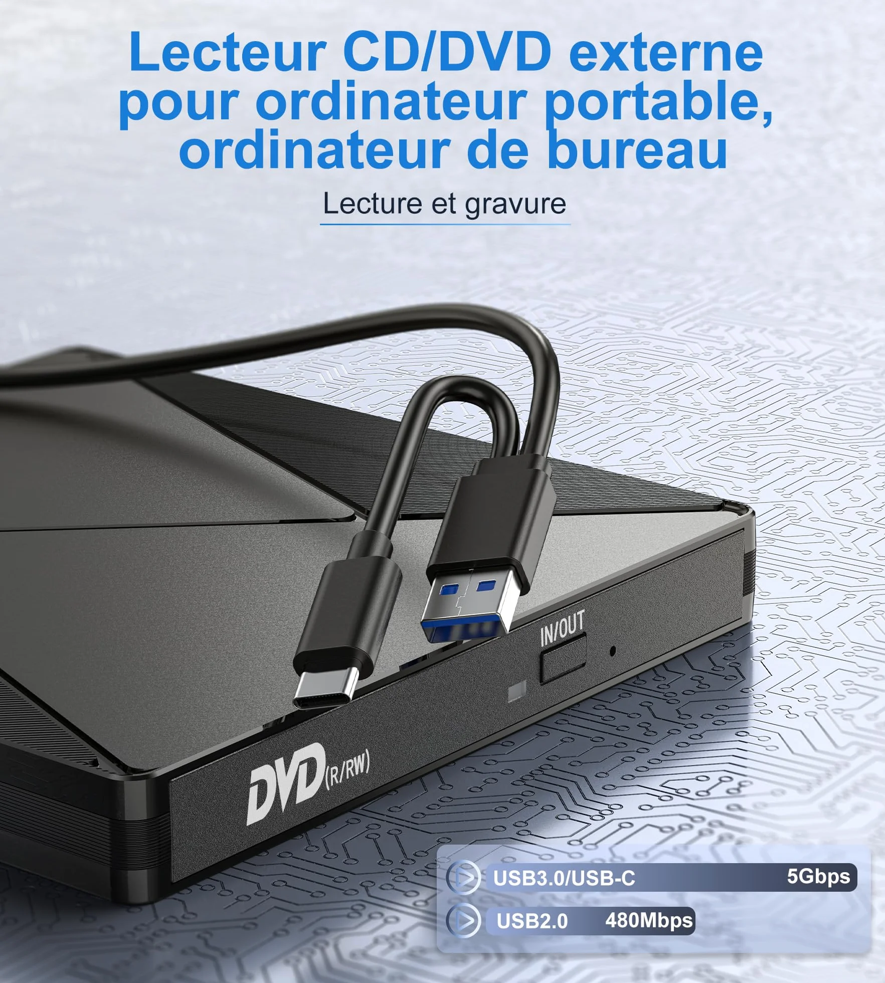 Lecteur CD/DVD Externe USB 3.0 USB-C Graveur DVD Portable -/+RW Drive Mince pour PC Windows MacOS