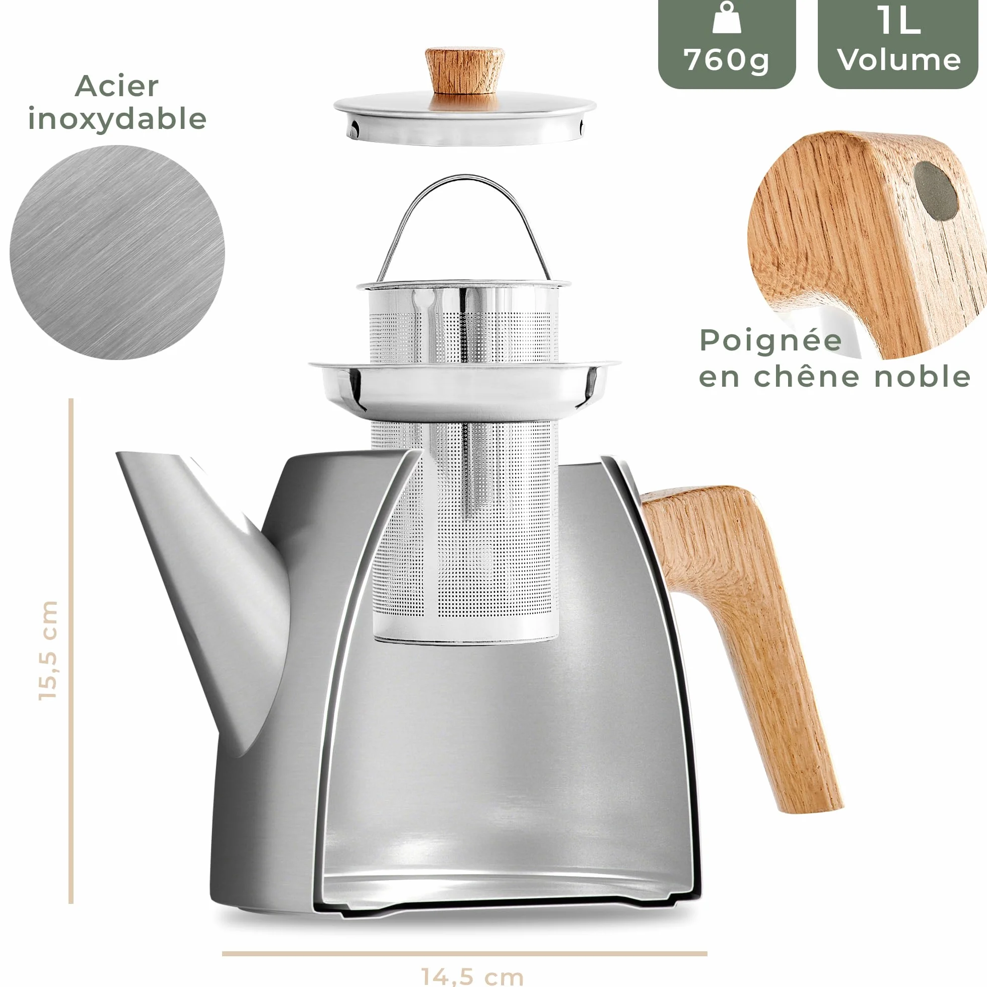WALDWERK Théière avec Infuseur Inox à Double Paroi - Isotherme avec Poignées en Chêne - 100% Anti-goutte