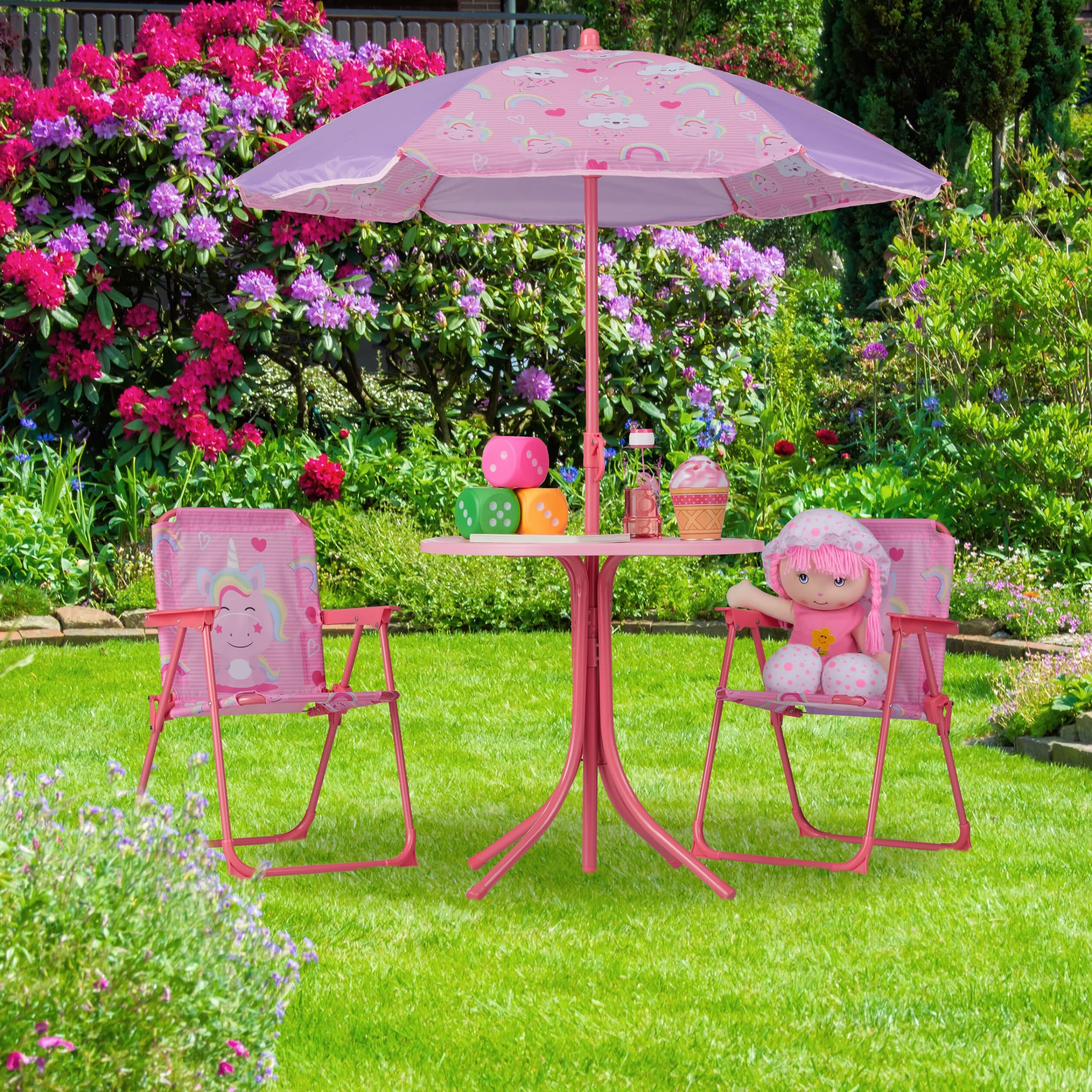 Relaxdays Salon de Jardin Table Chaises Parasol Rose pour Plage Camping