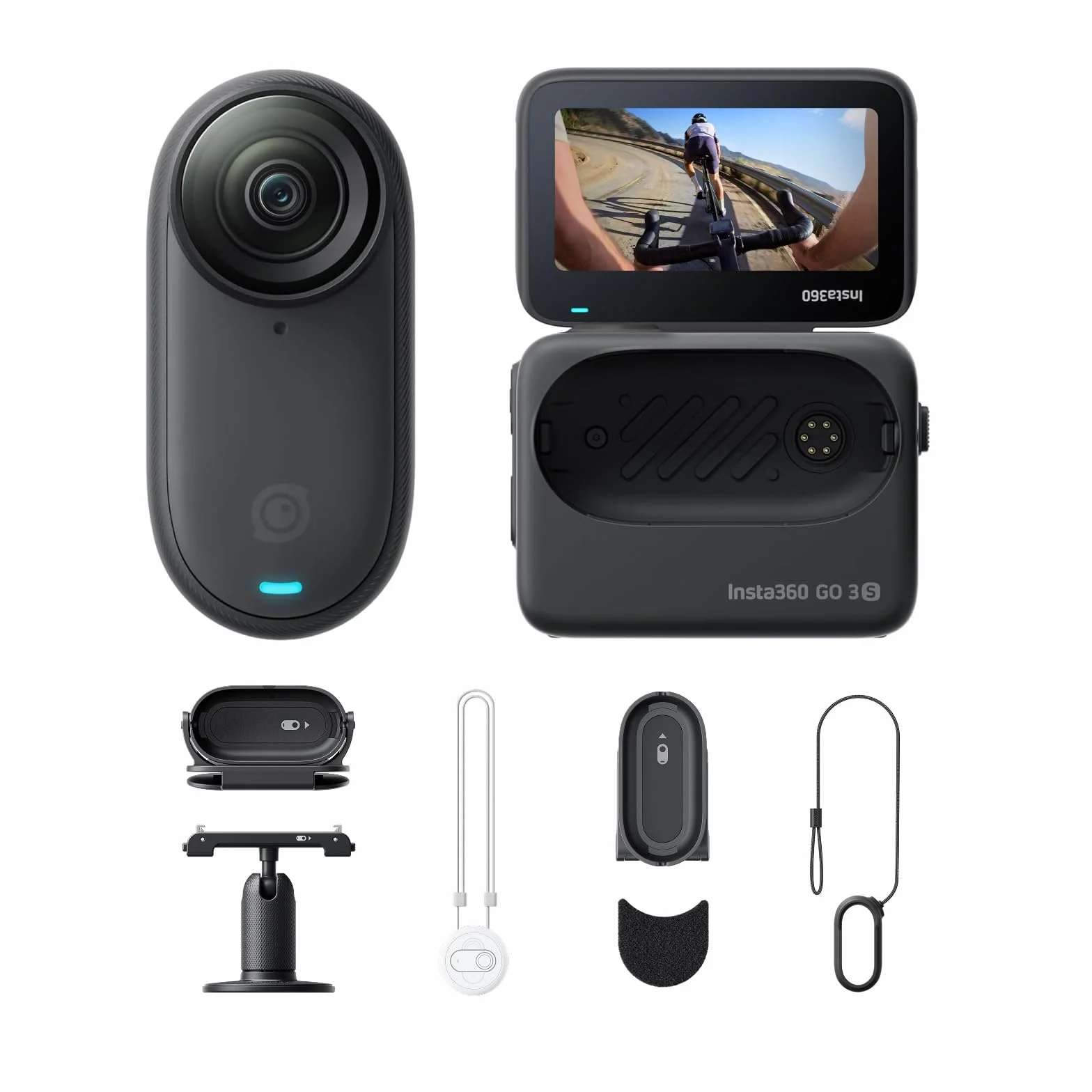 Insta360 GO 3S POV zestaw rowerowy czarny (128 GB) - kamera vlogowa 4K, POV, zestaw głośnomówiący tam, gdzie chcesz, stabilizacja, bateria 140 min, wodoodporna 10 M, edycja AI, Apple Find My