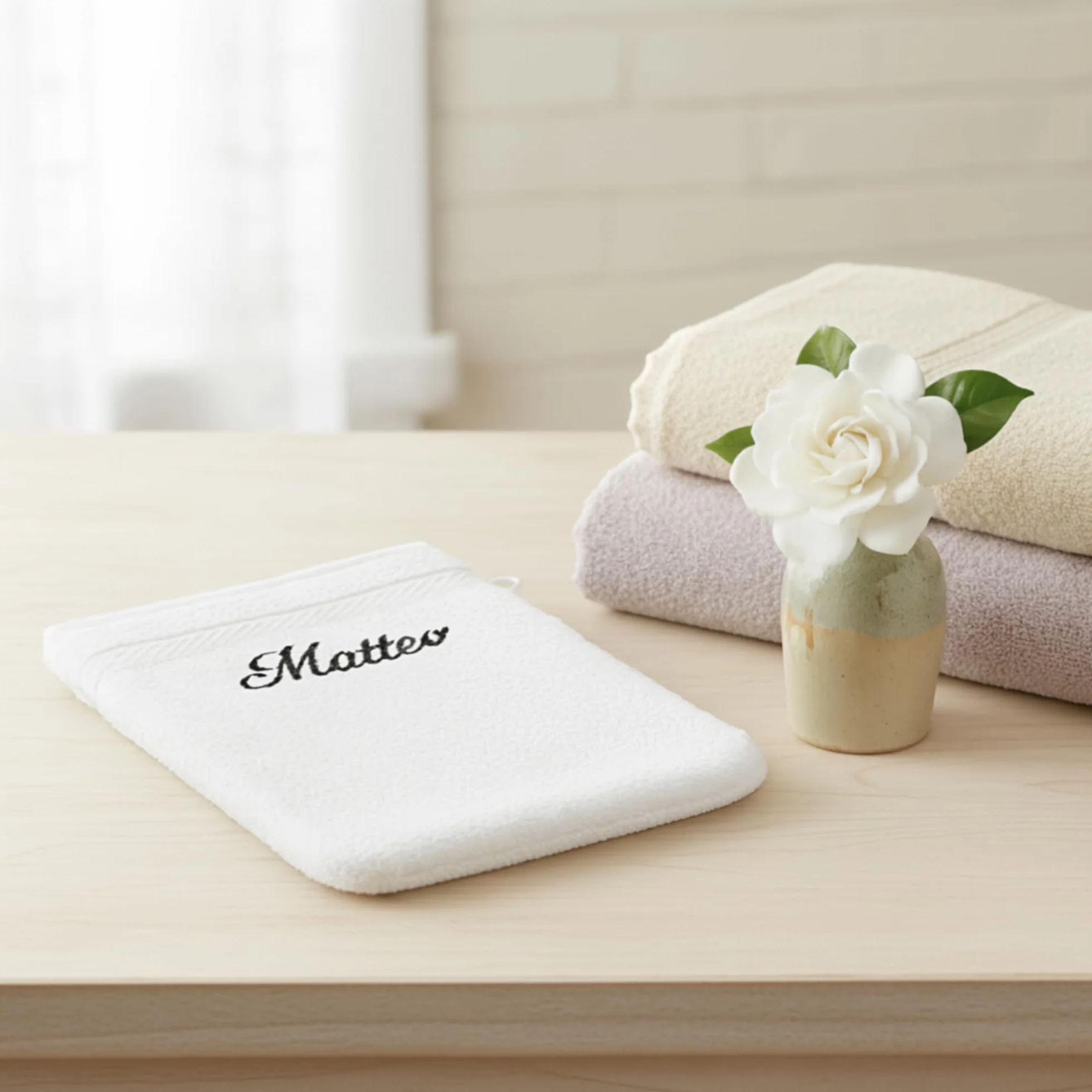 Gant de Toilette personnalisé Blanc 15x21 cm Éponge Coton Douce Broderie prénom initiales Cadeau élégant