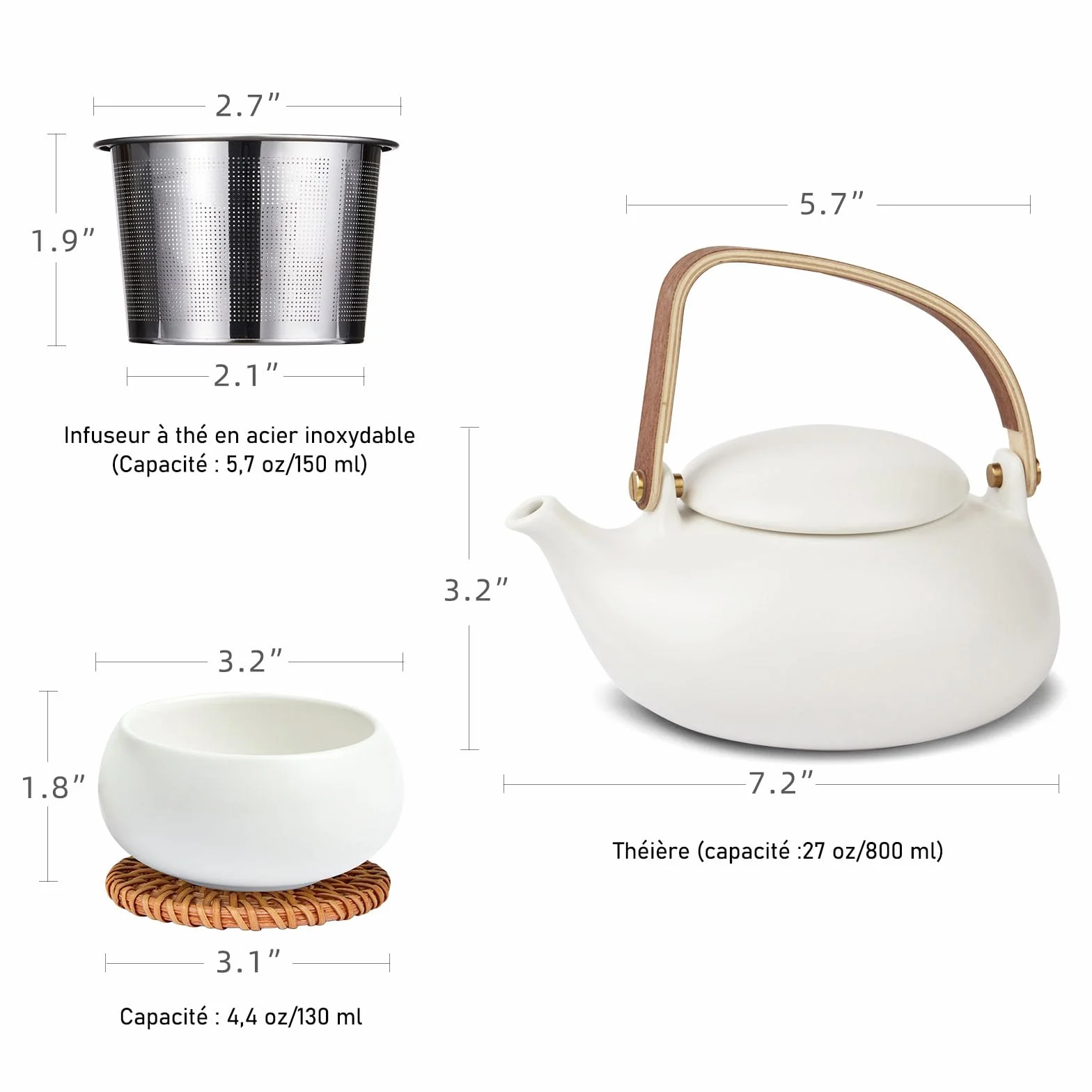 ZENS Theiere avec infuseur, Théière en japonaise avec 4 tasse pour le thé en vrac, blanc céramique Théière avec filtre en acier inoxydable 304 pour les fleurs Thé, manche en bois moderne