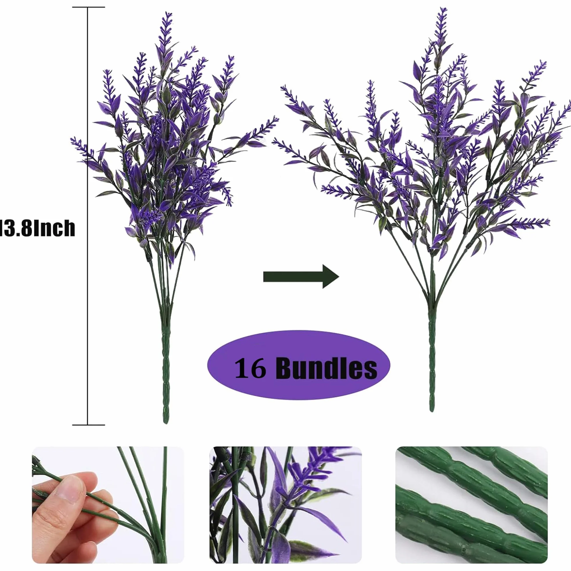 Lavande Fleurs Artificielles Résistantes à UV, Fausses Fleurs en Plastique pour Décoration Extérieur Jardin Violet 16 Pièces