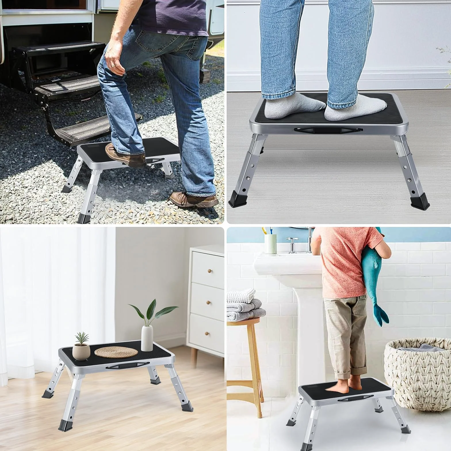 Marchepied Pliable à 3 Marches, Petit Escabeau Pliable Portable, Capacité 150 kg, Tabouret Pliant Antidérapant Enfant, Tabouret Pliant Portable pour Cuisine, Salles de Bains, Maison, Camping Car