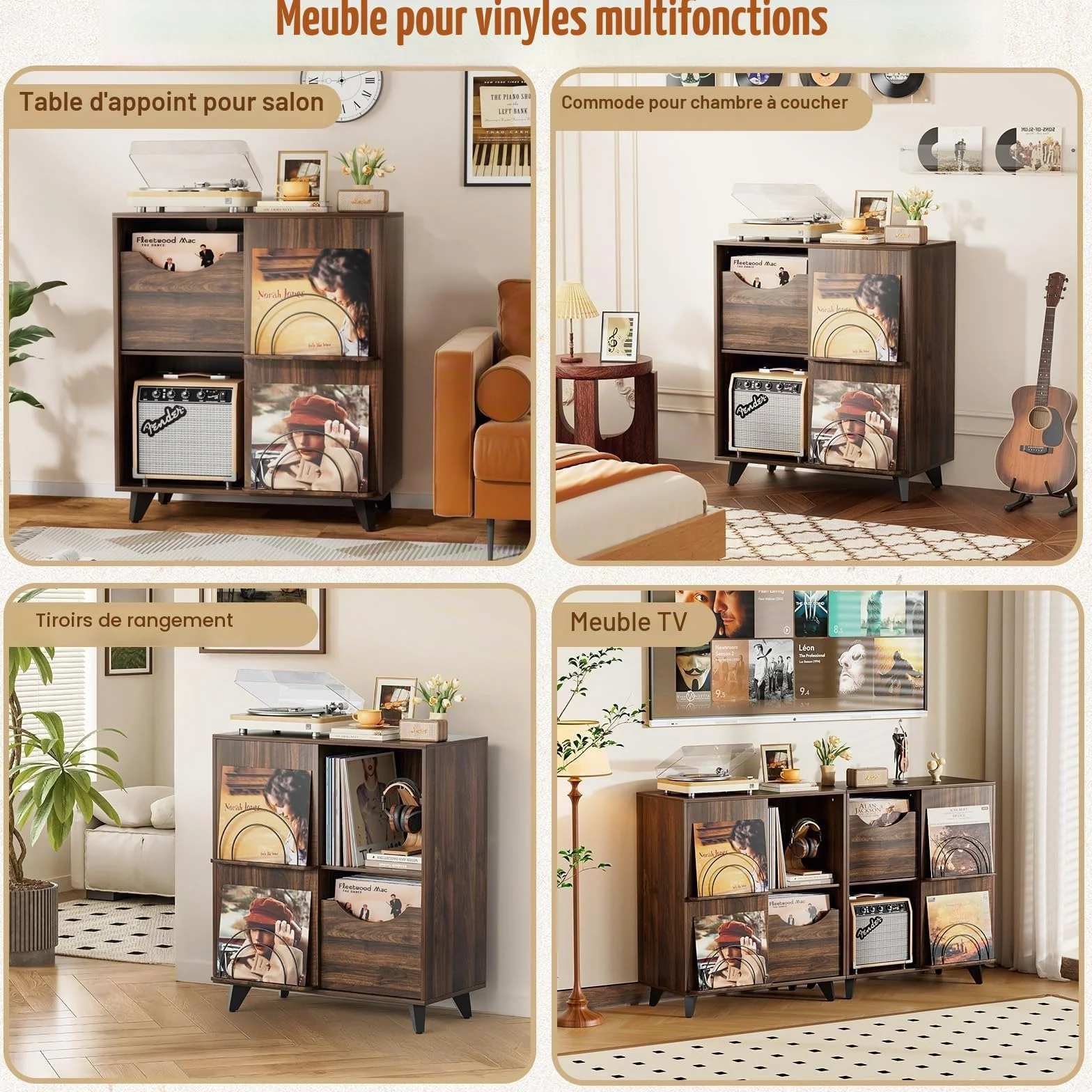 Bikoney Meuble Platine Vinyle avec Présentoir et 2 Tiroirs – Support en Bois et Meuble TV, Porte Vinyle pour Toutes Les Platines et Enceintes, Rangement pour Salon ou Chambre