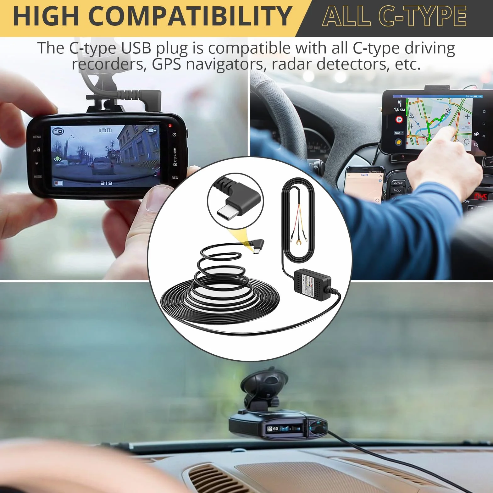 AMTOVL Zestaw Hardwire do aparatu, typ C - USB Dash Cam 3 przewody z bezpiecznikami ACC, ochrona przed niskim napięciem 12 V/24 V do 5 V