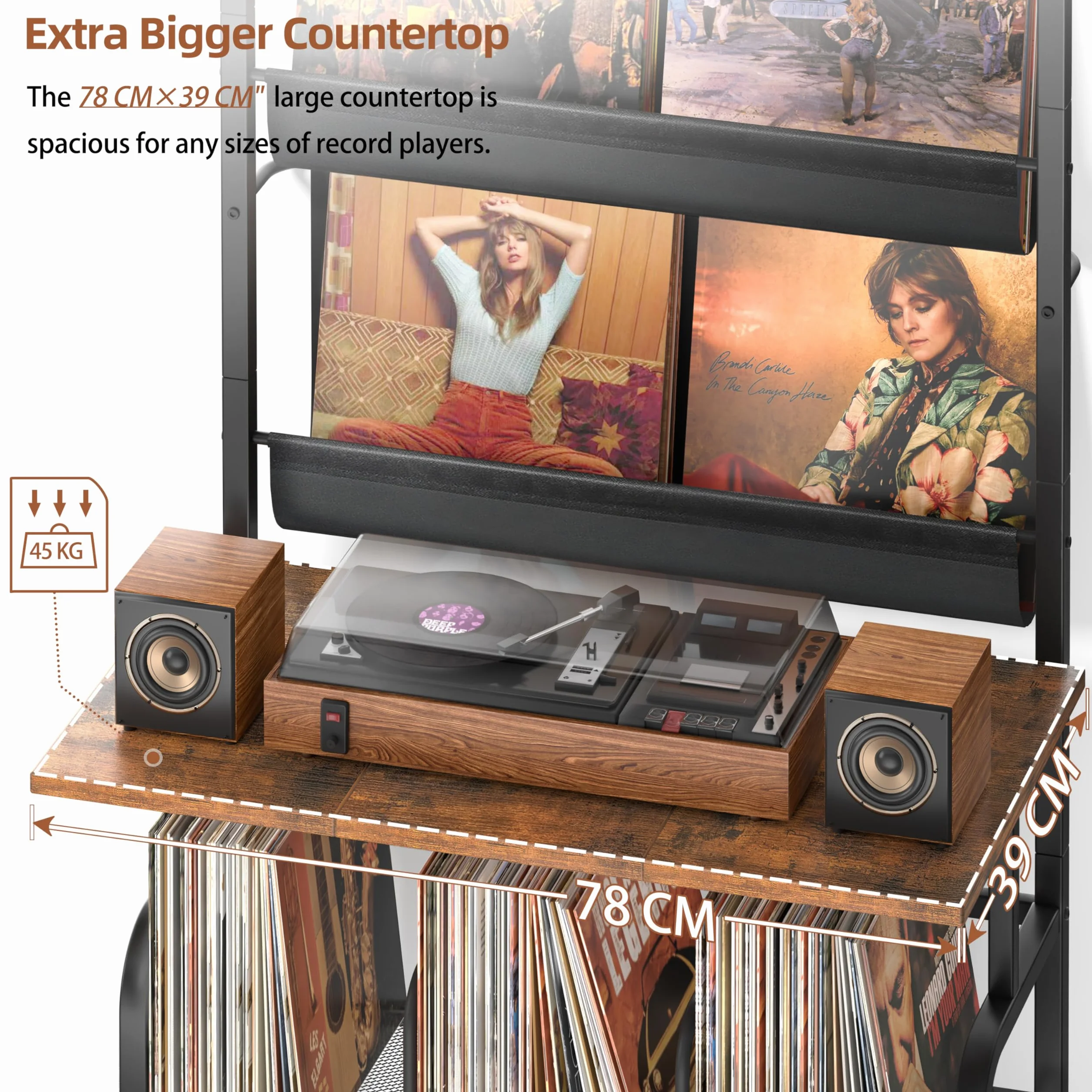 Bikoney Meuble Tourne-disque avec Rangement Vinyles – Support Platine Vinyle pour Jusqu’à 300 Albums, Table de Tourne-disque Vintage, Étagère de Rangement pour Disques et Stéréo Plus Grand