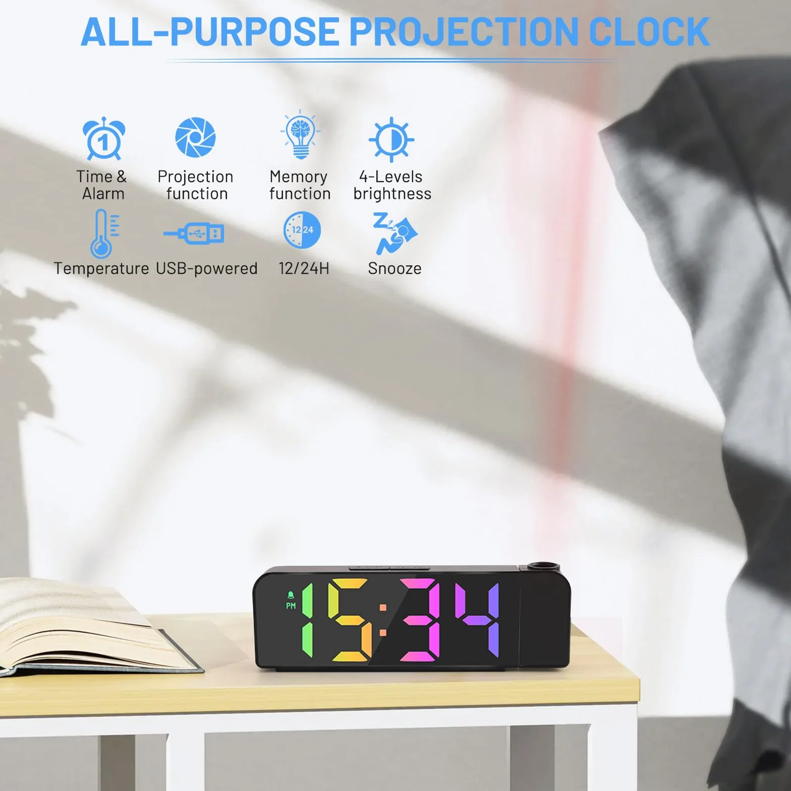 Horloge Numérique LED Réveil Projection avec Température, Snooze, Mode Nuit, Affichage 12H/24H, Noir