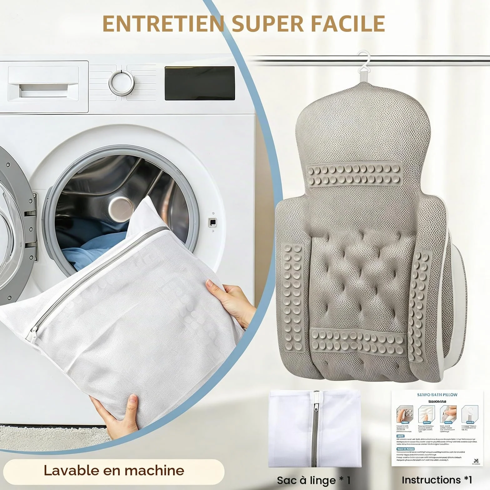 Coussin de bain Sxiiro, luxueux coussin de bain avec 192 ventouses, pour le soutien de la tête et du cou, blanc, 129,5 x 40,6 cm
