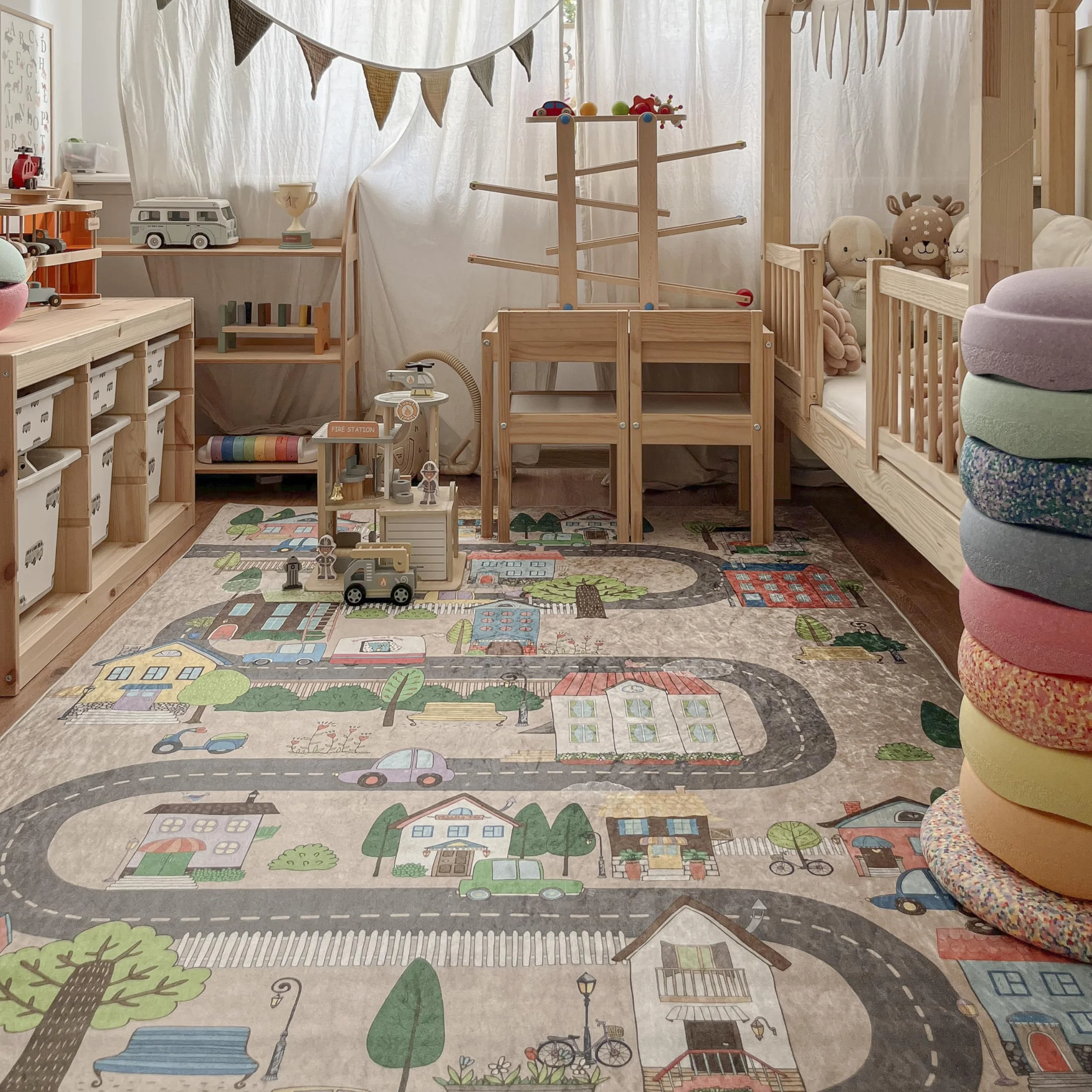 Mazovia Tapis Chambre Enfant Lavable Imprimé Poils Courts 80x150cm Beige Crème Multicolore