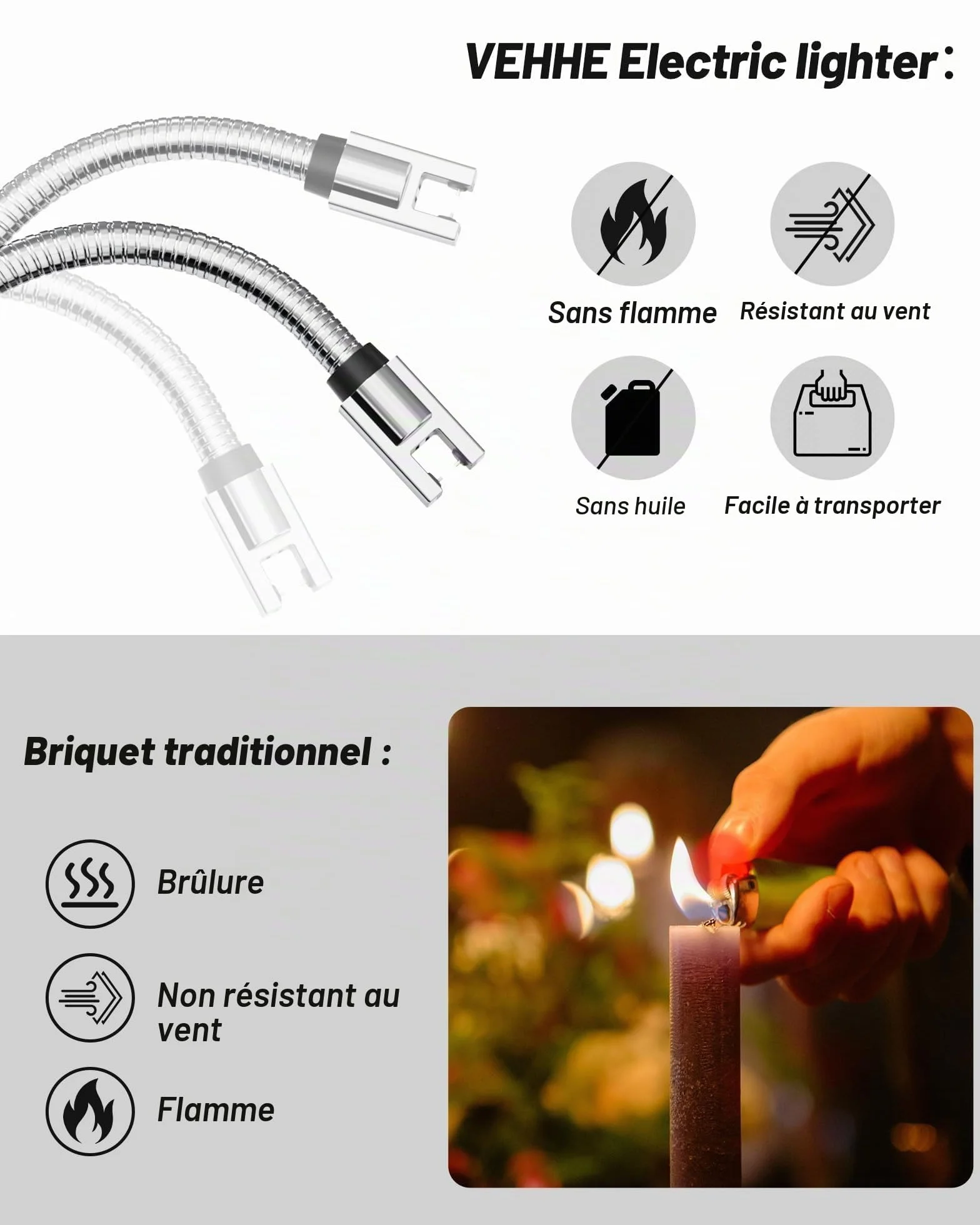USB Rechargeable Arc Briquet Allume Bougie Electrique avec Affichage Batterie LED Long Flexible 360º Coupe-Vent