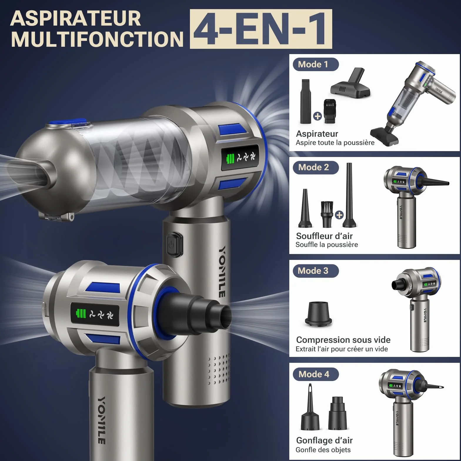Aspirateur à Main, 27000Pa/120W Mini Aspirateur sans Fil & 250.000 tr/min Aspirateur de Voiture à 3 Vitesses avec Moteur sans Brosse, Aspirateur Voiture Sans Fil Pour Bureau,Maison, Cuisine,Poils