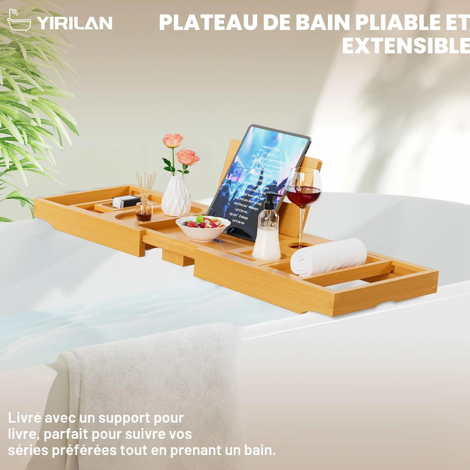 Plateau de baignoire en bambou pliable 100 cm réglable avec serre-livres porte-savon