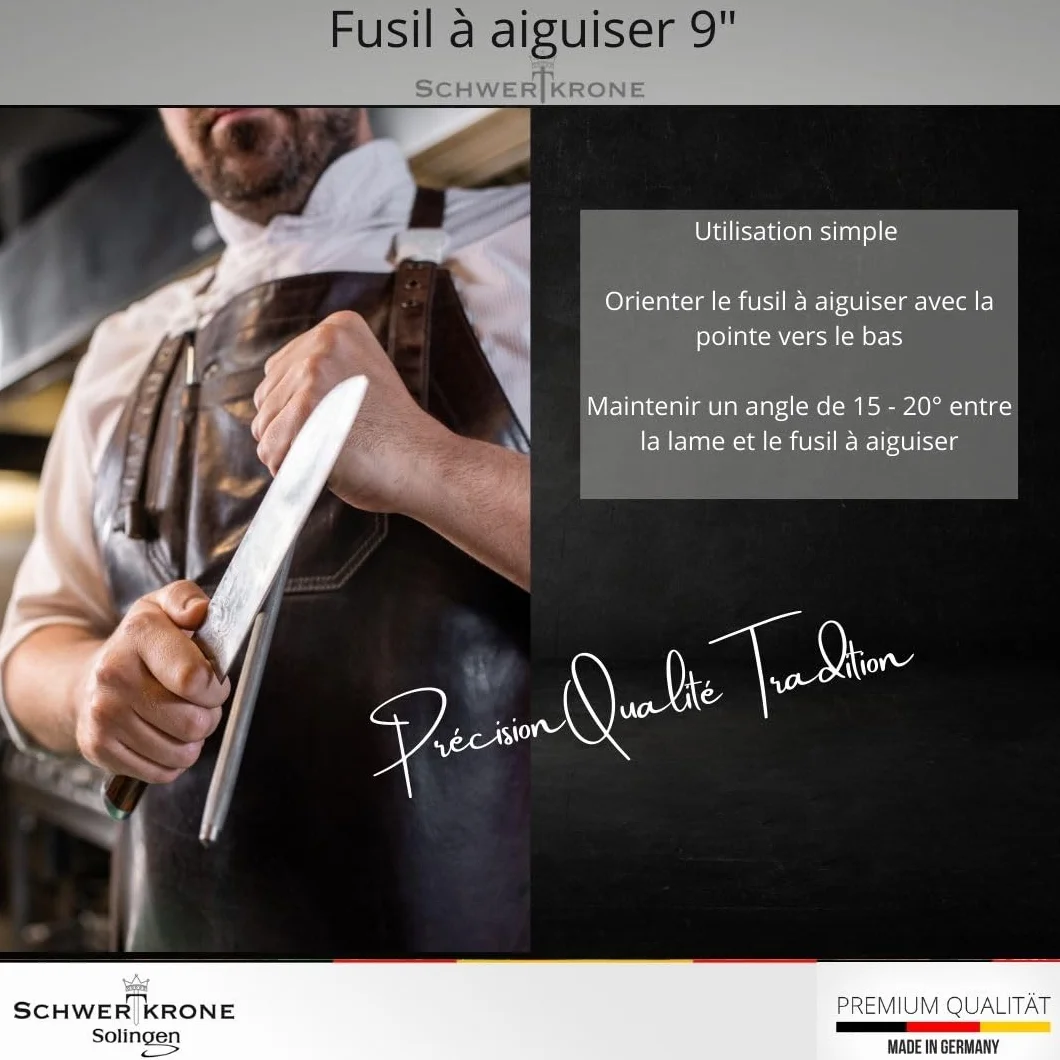 SCHWERTKRONE® Fusil à Aiguiser Solingen Acier Inoxydable Made in Germany - Sharpening Steel Chrome Vanadium pour Couteaux de Cuisine