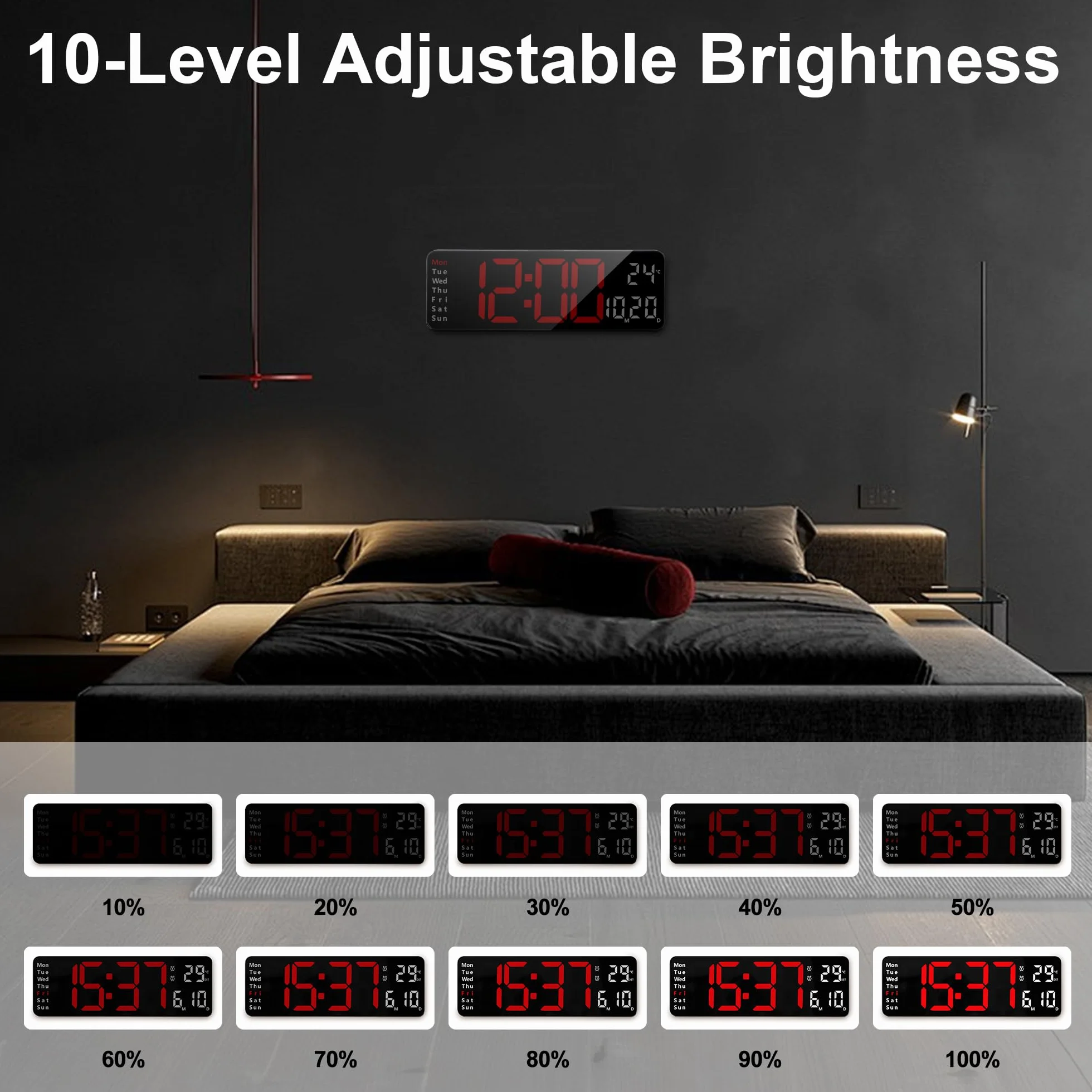 Lafocuse Horloge Numérique Murale LED 32cm avec Télécommande Température Date Jour Alarmes 12/24H Luminosité Réglable Rouge