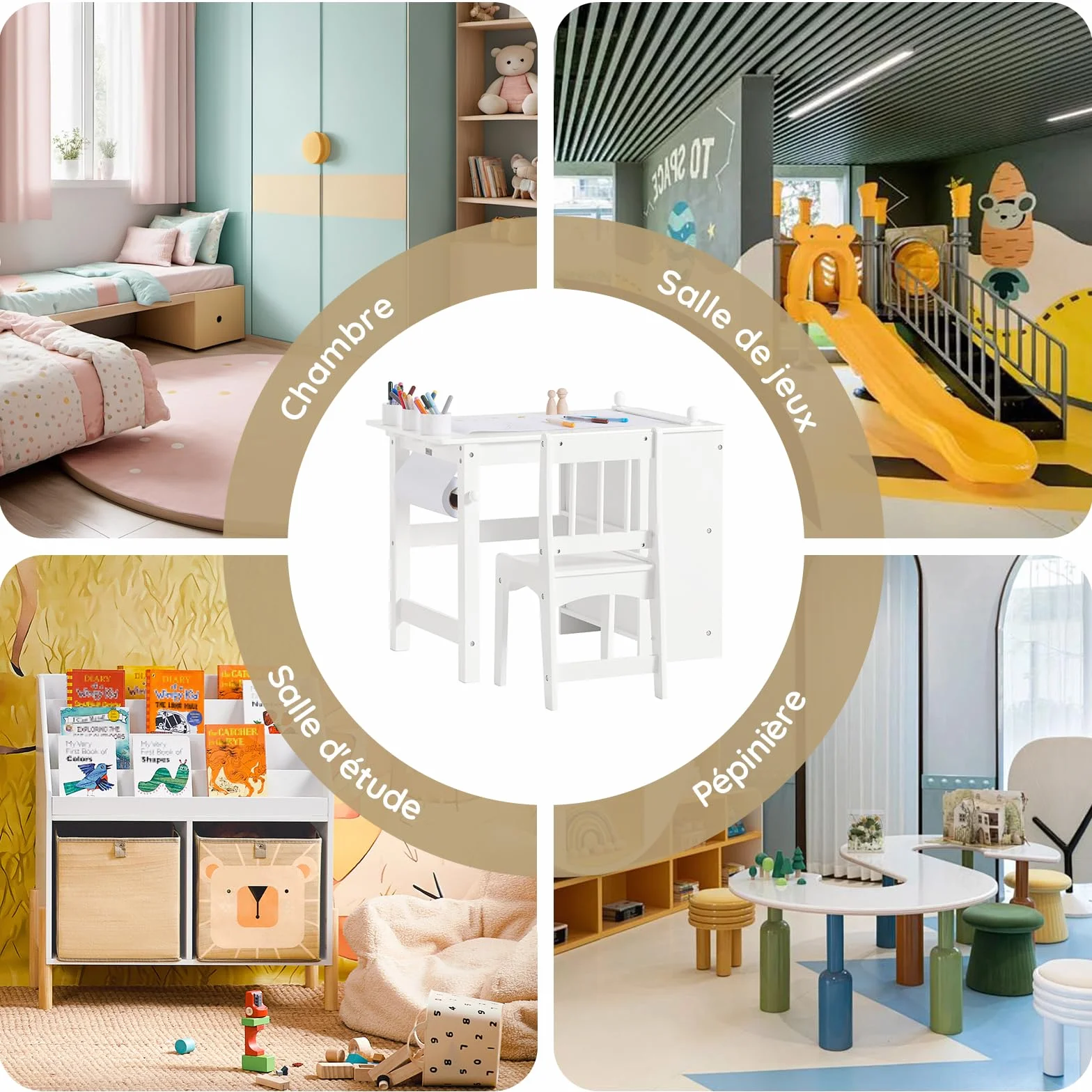 SoBuy Table Enfant avec Chaise Ensemble 2 Pièces Table et Chaise pour Enfant Bureau avec 2 Étagères Porte-Papier et Rangements Stylos Blanc 80x54x65,5 KMB60-W
