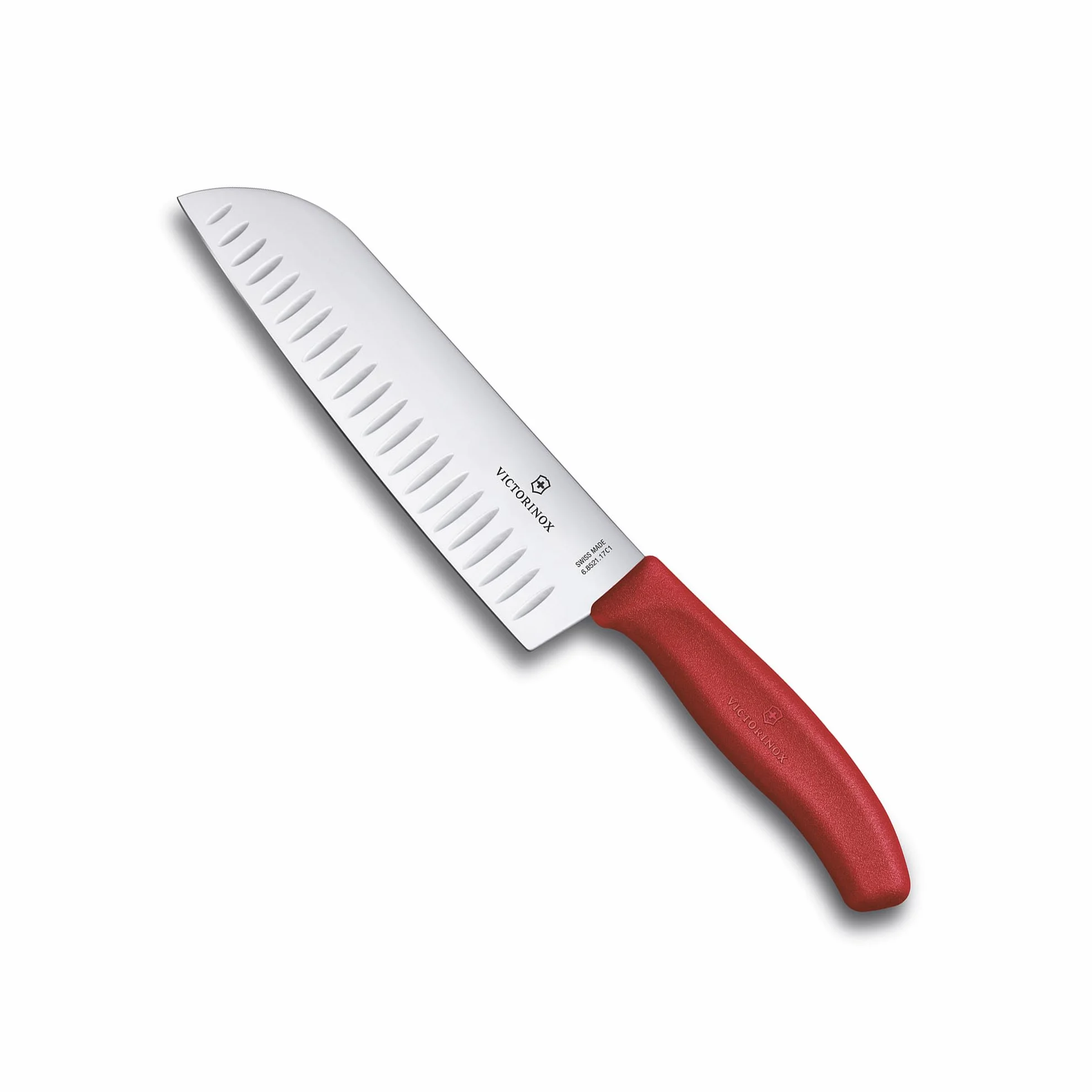 Victorinox Swiss Classic Couteau Santoku, Couteau de type asiatique, Lame extra tranchante, Taille en forme de bulbe, 17 cm, Acier inoxydable, Rouge