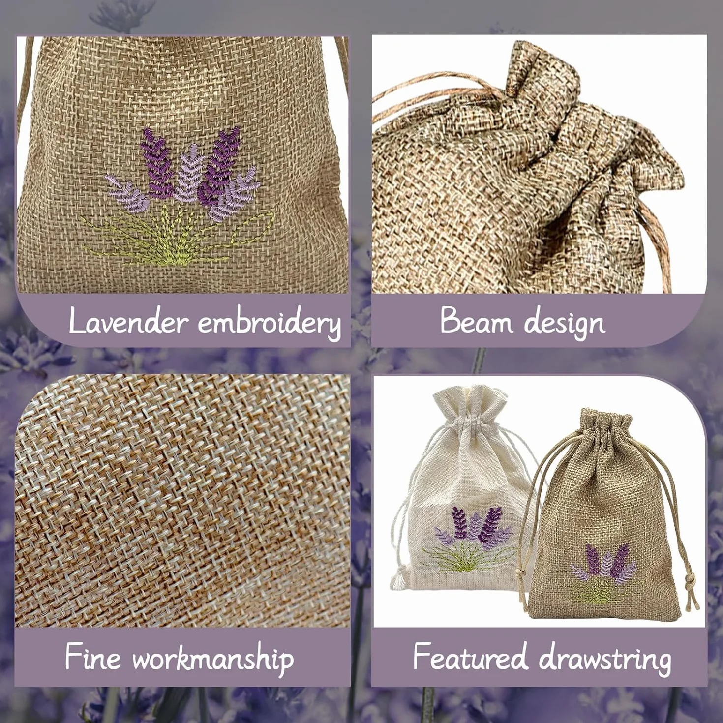 Sachets de parfum lavande vides à remplir - Lot de 10 sachets en toile de jute avec cordon de serrage