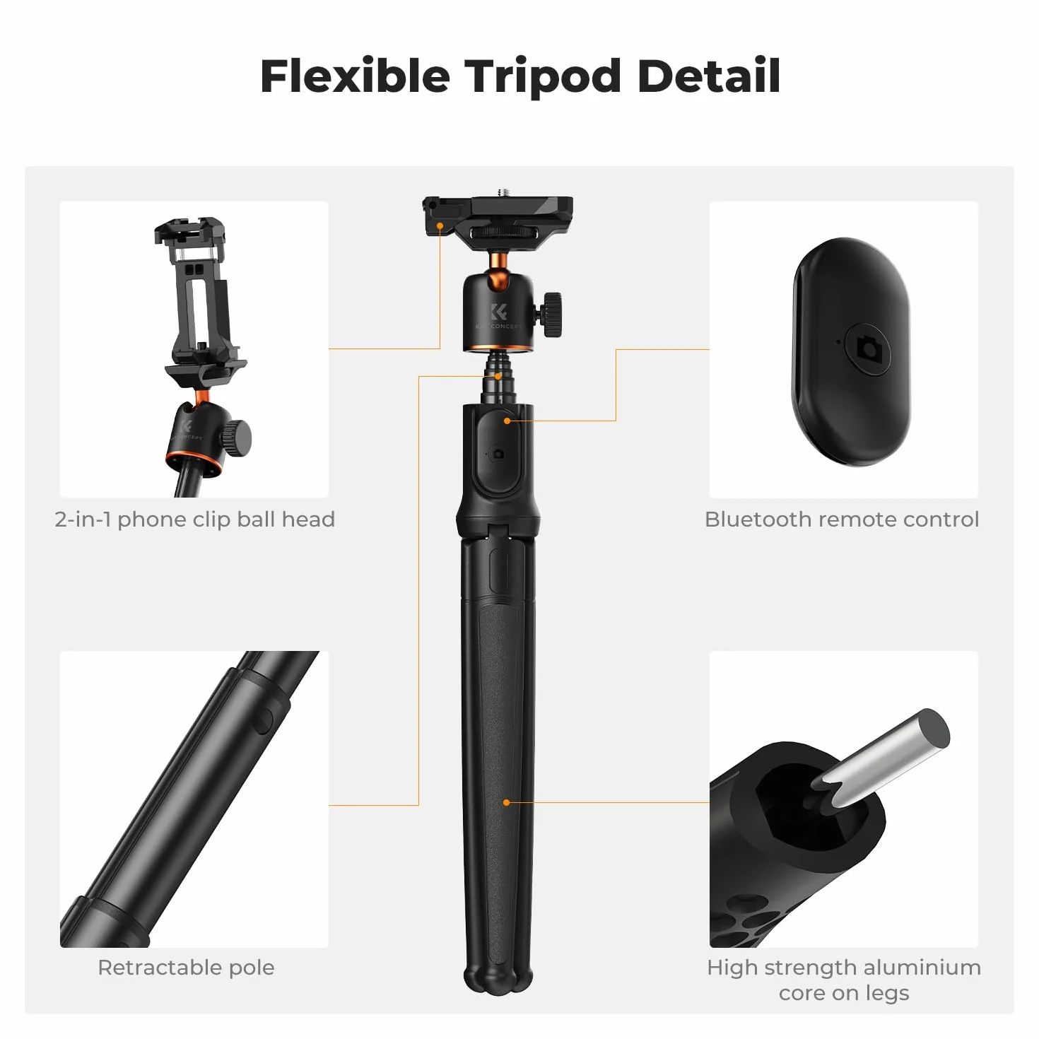 K&F Concept statyw do telefonu komórkowego, elastyczny statyw do smartfona i aparatu, MS29 wysuwany kijek do selfie, mini statyw z pilotem zdalnego sterowania, tripod z uchwytem na statyw, statyw