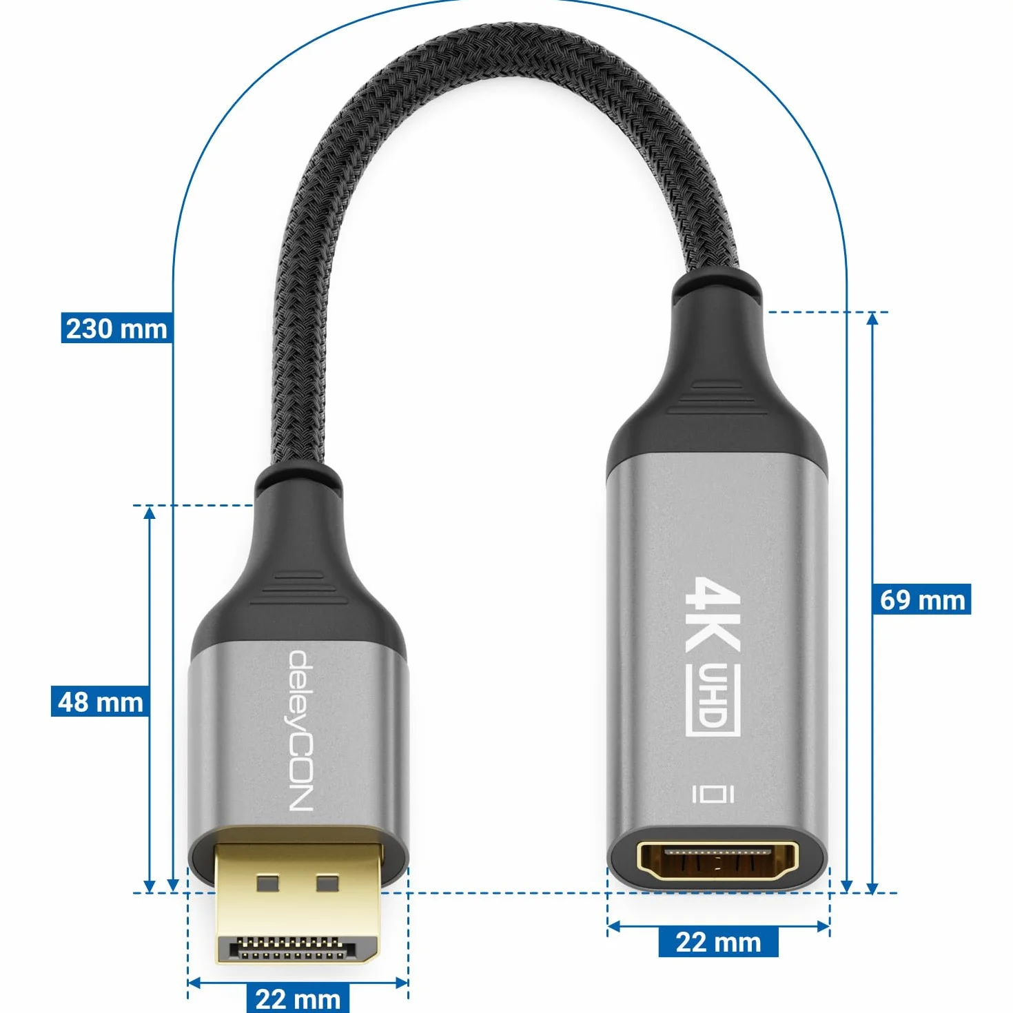 deleyCON Adapter 4K DisplayPort do HDMI (do monitora HDMI/TV/Beamer) - jednokierunkowy - 4K 60Hz, 1080P WQHD @165Hz 144Hz 120Hz 60Hz - do DisplayPort, komputera, karty graficznej, komputera