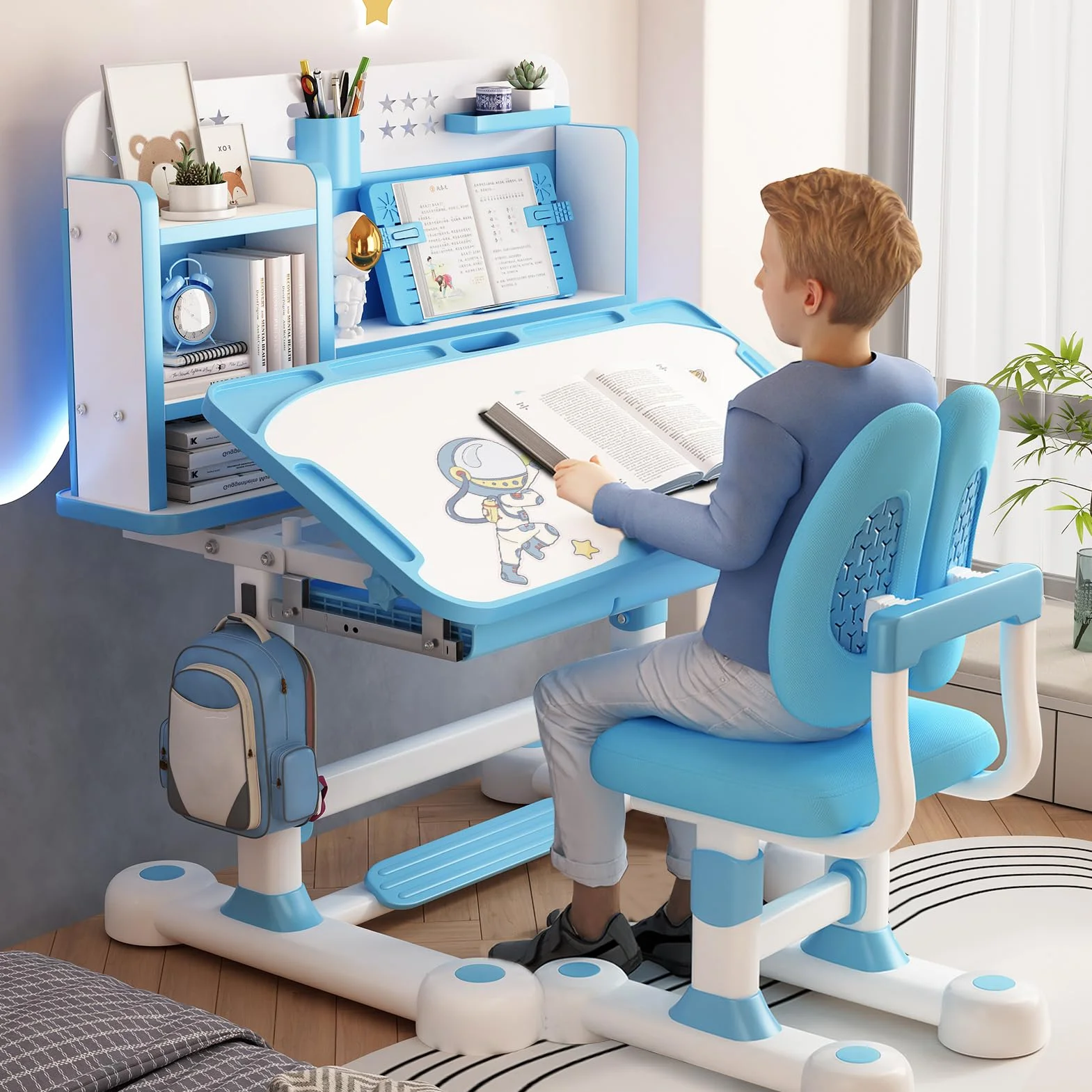 Ensemble Bureau et Chaise d'Étude pour Enfants, Bureau Évolutif avec Correcteur de Posture, Chaise Ergonomique, Support à Livres, Pédale et Design à Partitions (Bleu)