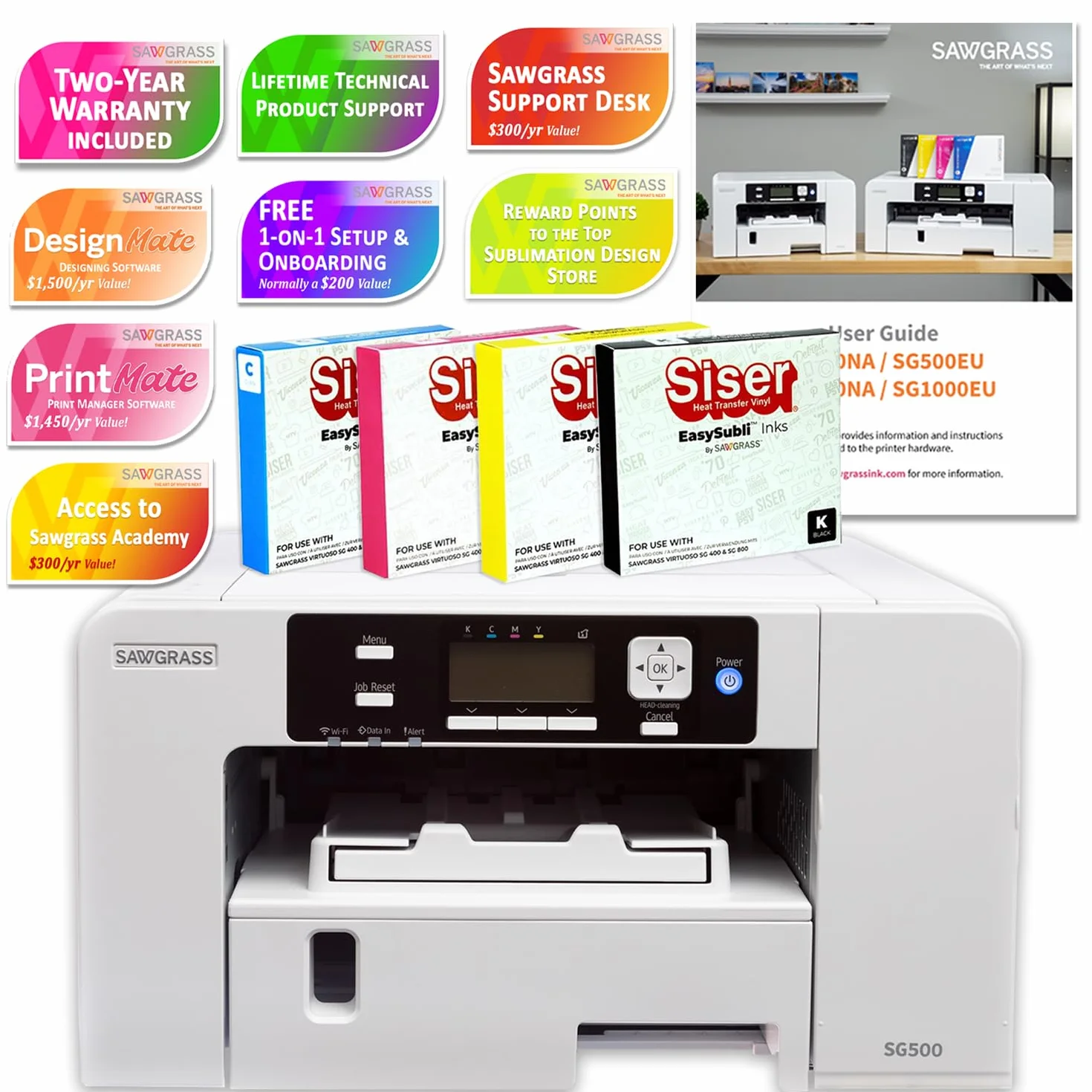 Sawgrass UHD Virtuoso SG500 Ensemble de démarrage imprimante sublimation avec encres papier ruban adhésif vierges motifs contenu exclusif blanc