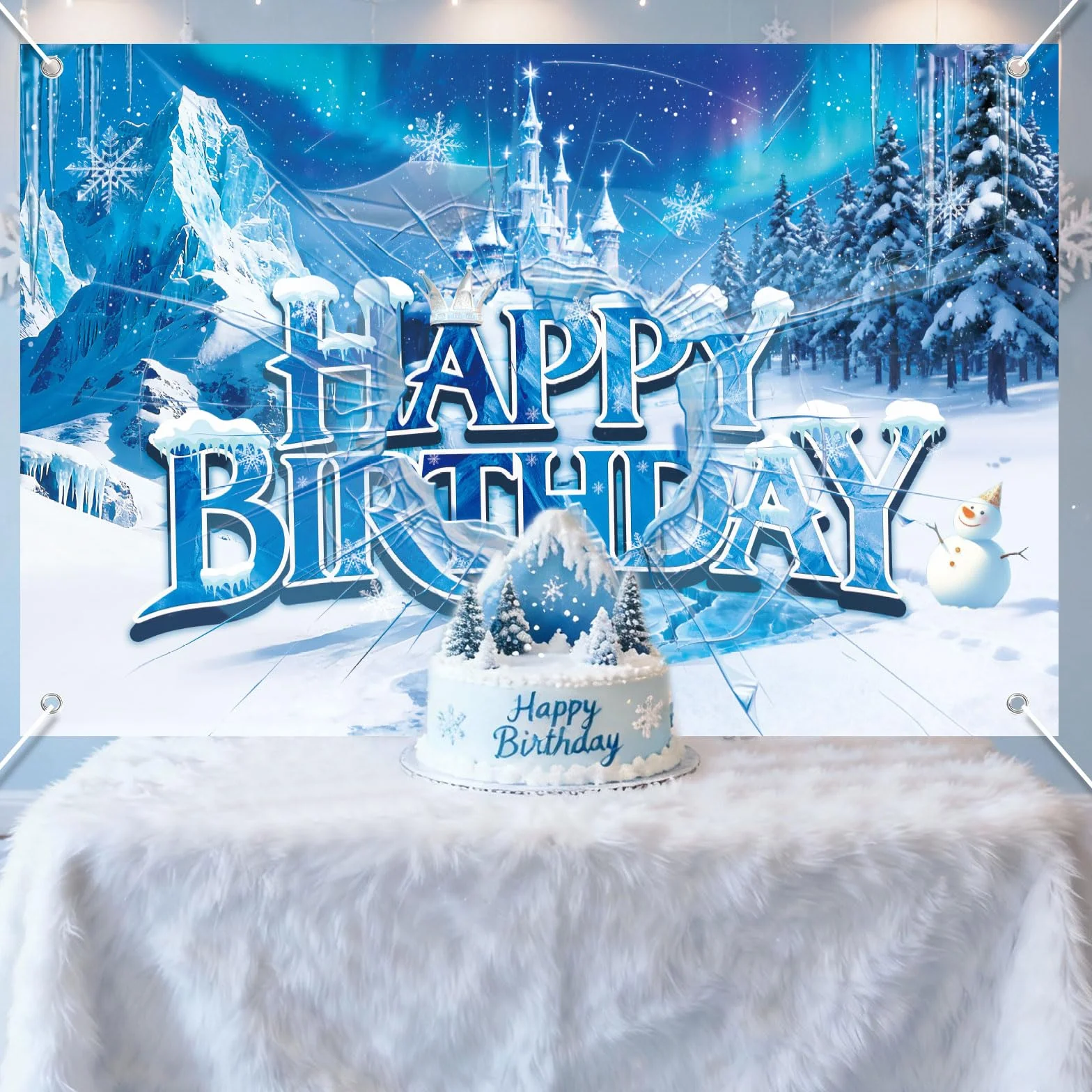 Toile de Fond Joyeux Anniversaire Château de Glace et Neige 150x100cm Bannière Anniversaire Princesse Hiver