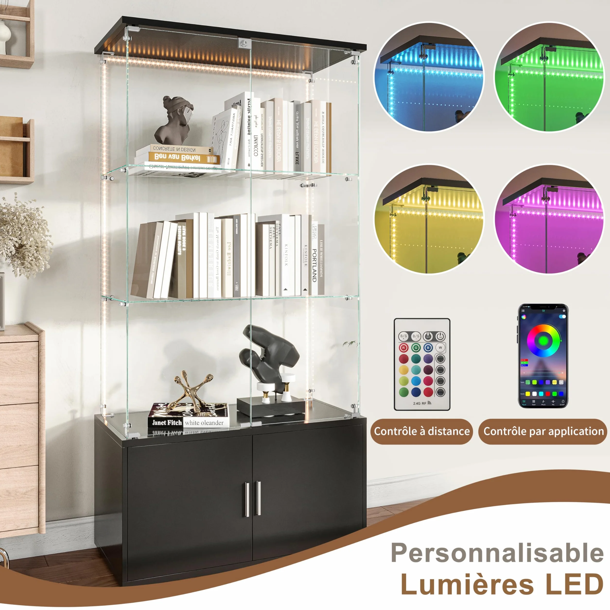 Vitrine en Verre avec 3 étagères et LED, Vitrine en verre sur pied avec 2 Portes et Base de Casier, Meuble Vitrine Verre pour Collection, pour Salon, Chambre, 78.5x35x164 cm (Noir + Bande LED)