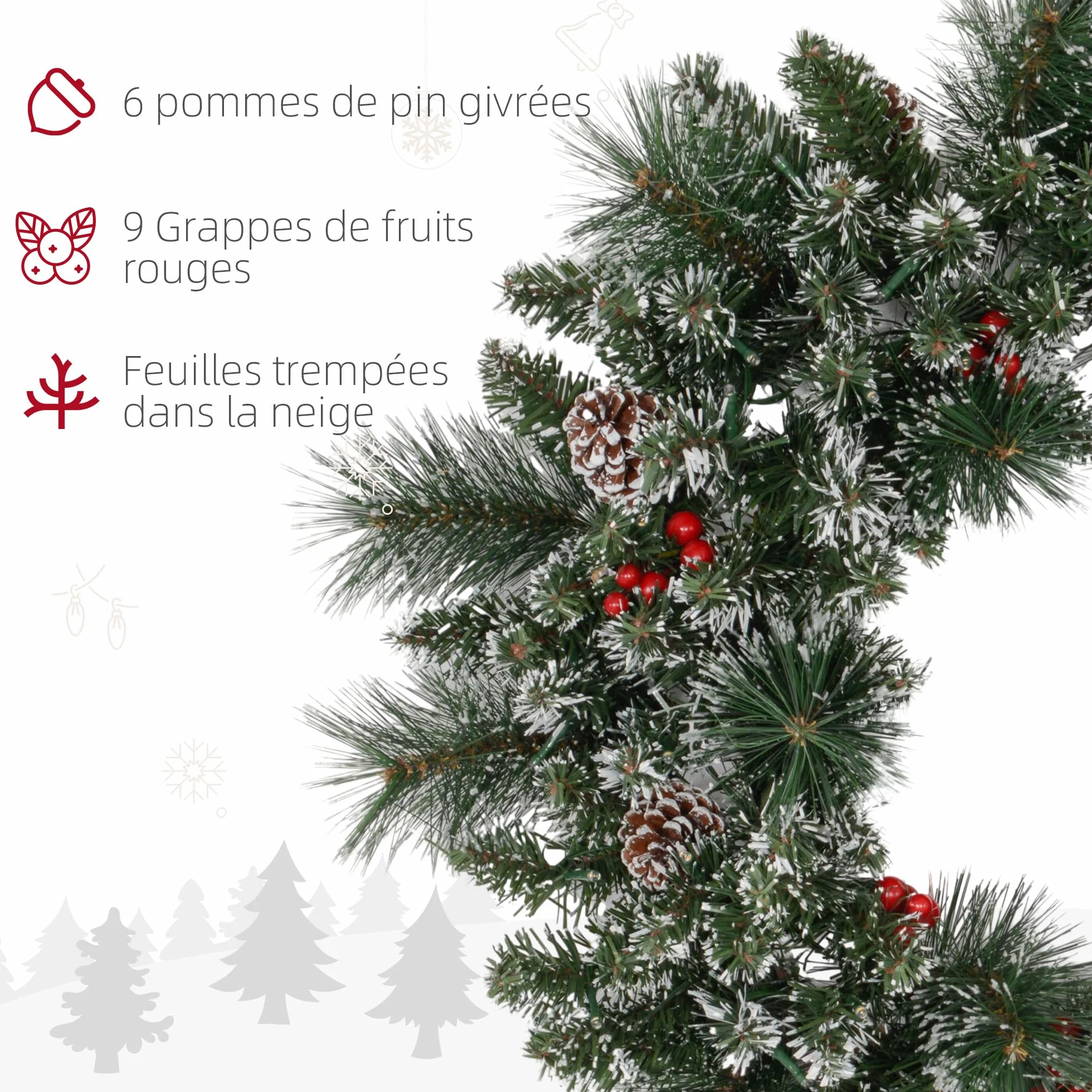 HOMCOM Couronne de Noël Porte Artificielle 60 CM décoration de Noël Lumineuse avec Pommes de pin et grappes de Baies, lumières LED et minuterie, pour Porte, fenêtre ou cheminée, Vert