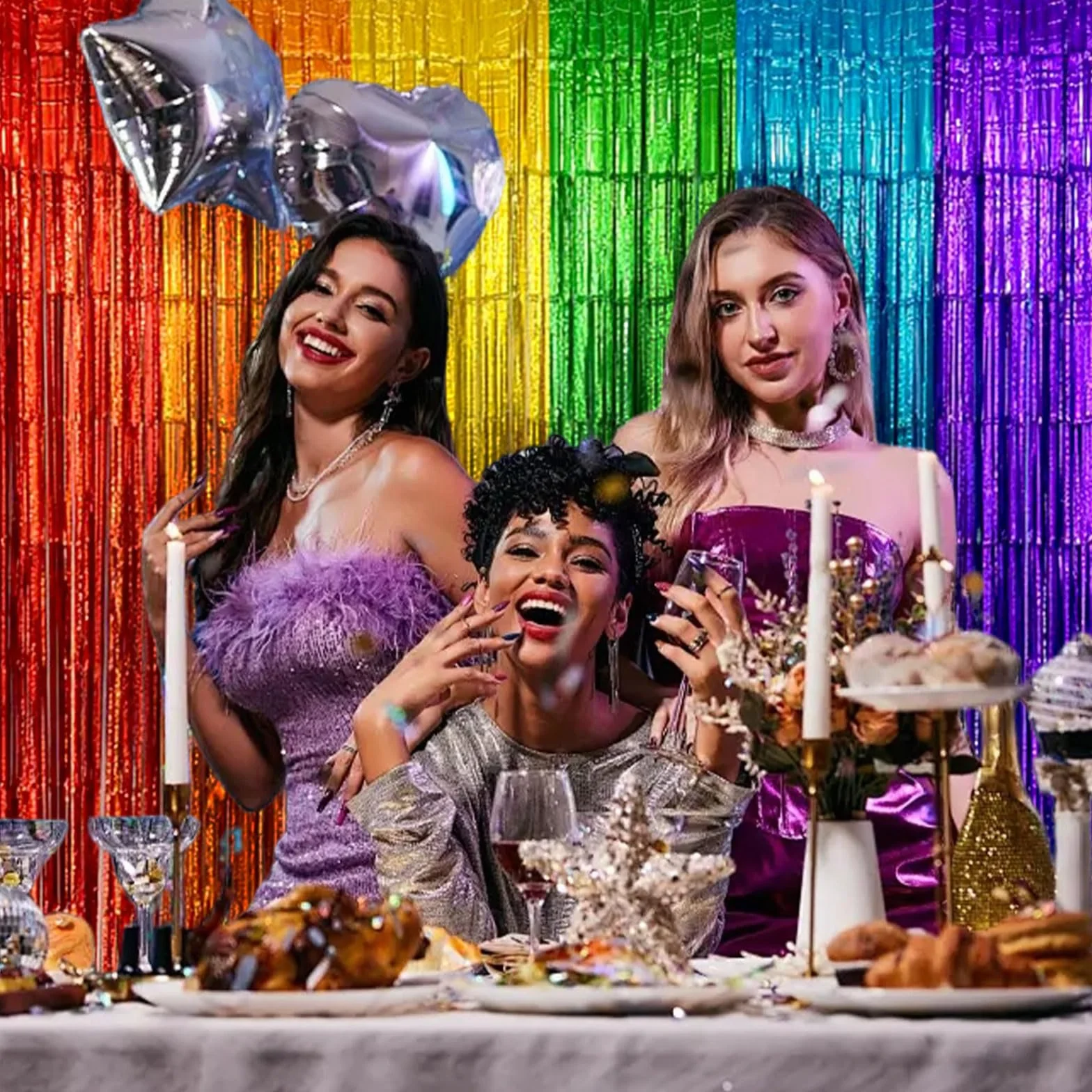 Rideau Métallique Tinsel Arc-en-Ciel, Rideau à Franges Brillant Auto-Adhésif, Décoration Porte Mur Table pour Fête Anniversaire Mariage