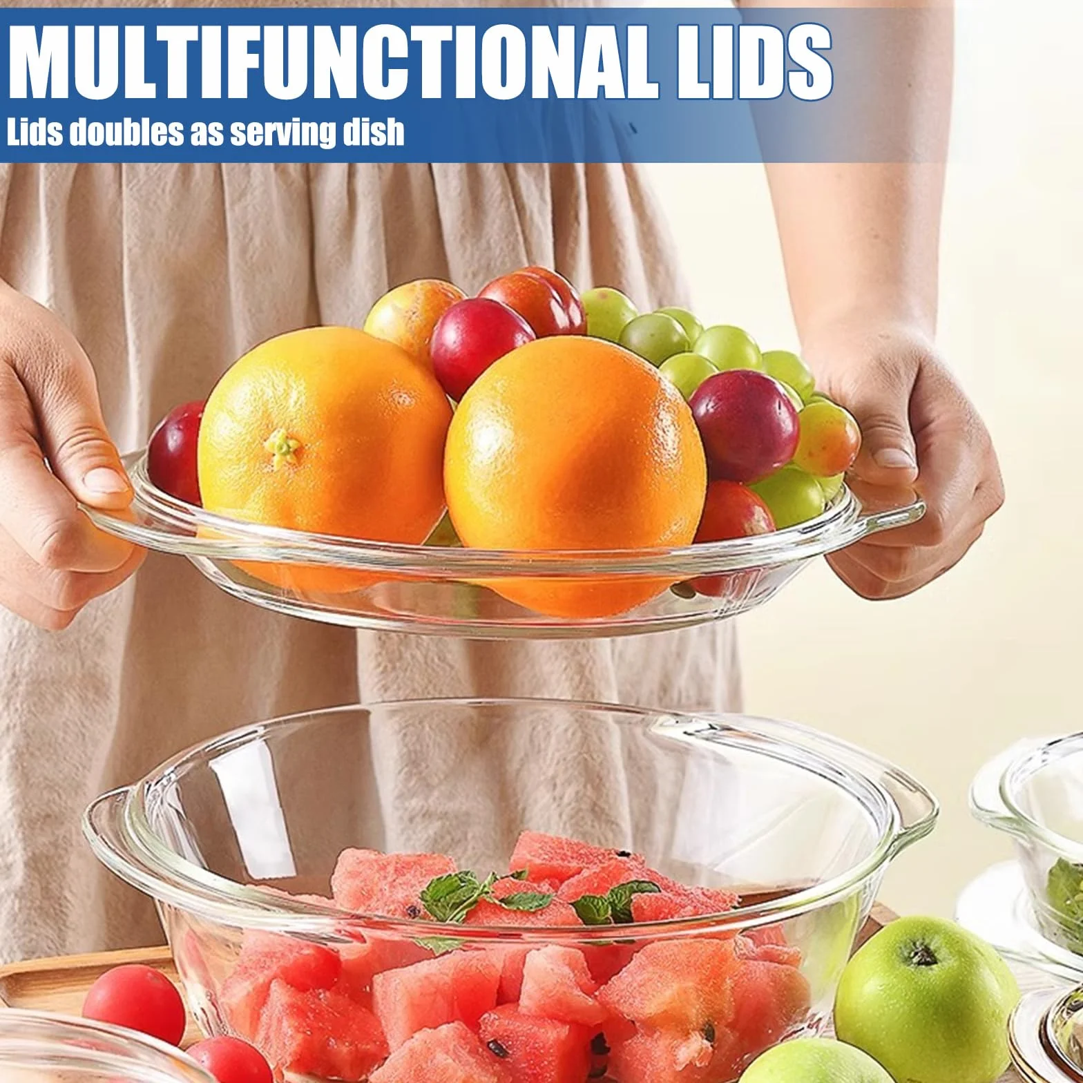 DAJAVE Lot de 3 couvercles ronds en verre avec couvercle et poignées pour salade de fruits, viande