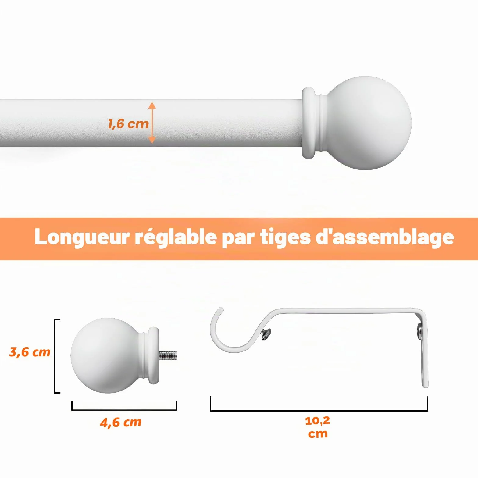 Tringle à Rideau Extensible 80-120 cm 16mm avec Embouts à Boule (Blanc)