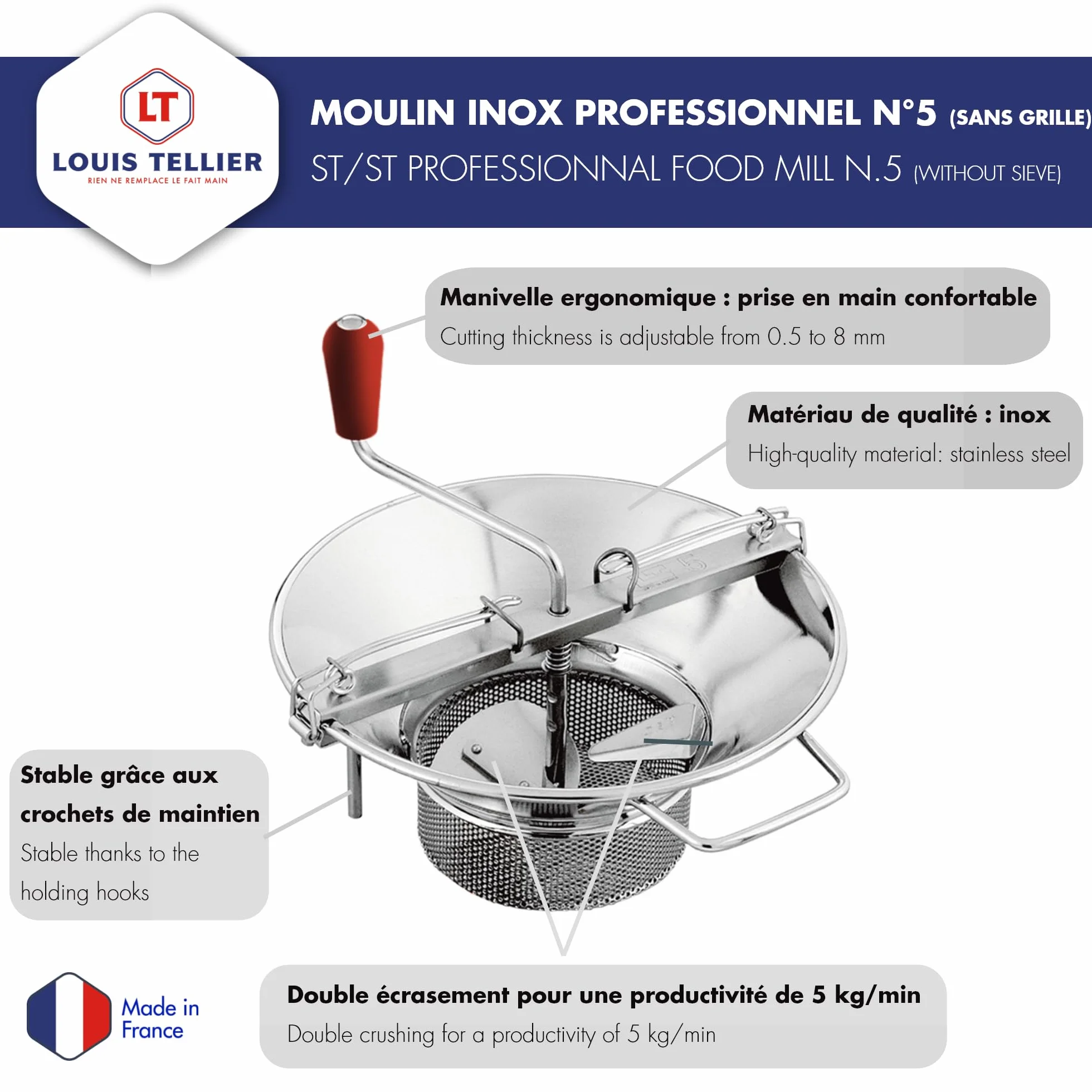 Louis Tellier Moulin Étamé Professionnel N°5 Sans Grille | Moulin professionnel à double écrasement 5 kg purées soupes compotes 1 minute