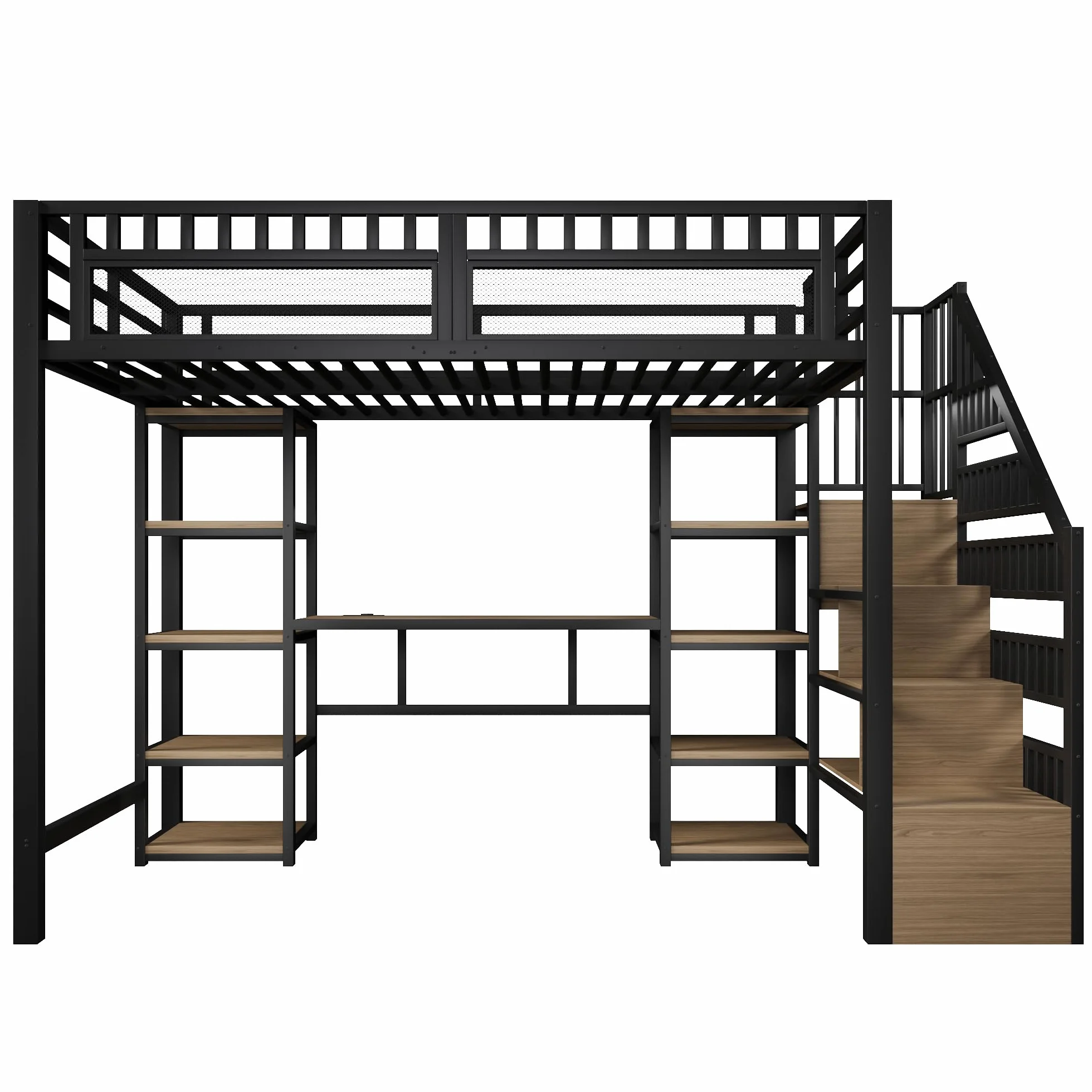 Sapgaks Lit Mezzanine Enfant en Fer 140x200 avec LED,Port USB, Bureau,Compartiment de Rangement,échelle de Rangement,lit superposé avec Garde-Corps,Cadre de lit Mezzanine 2 Place (A-Noir, 140x200)