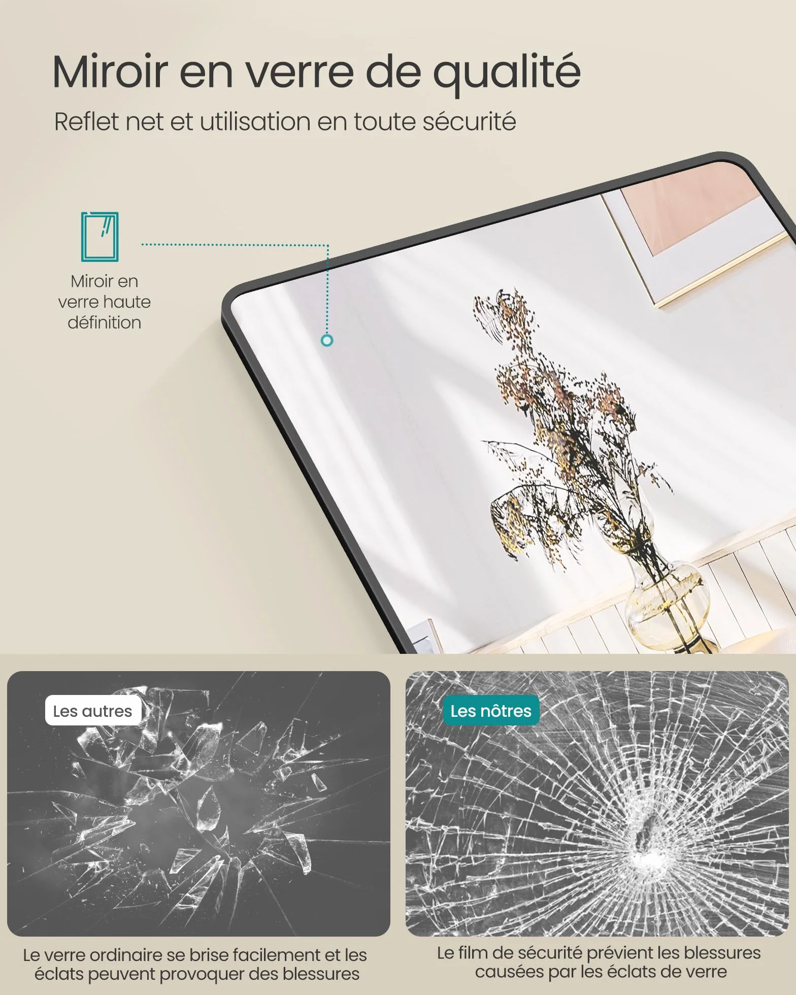 SONGMICS Miroir Intégral 165 x 50 cm Miroir Rectangulaire sur Pied Cadre en Alliage d’Aluminium Verre Trempé Noir d’Encre LFM030B01