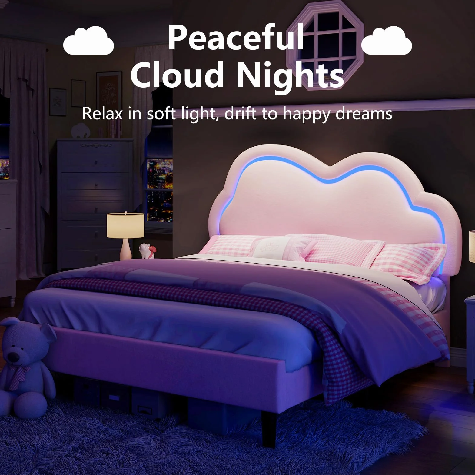 LUXOAK Cadre de lit 90 x 200 cm pour Fille, avec tête de lit en Forme de Nuage réglable, revêtement en Velours, éclairage RGB, Espace de Rangement de 18 cm sous Le lit, sans sommier, Couleur Rose