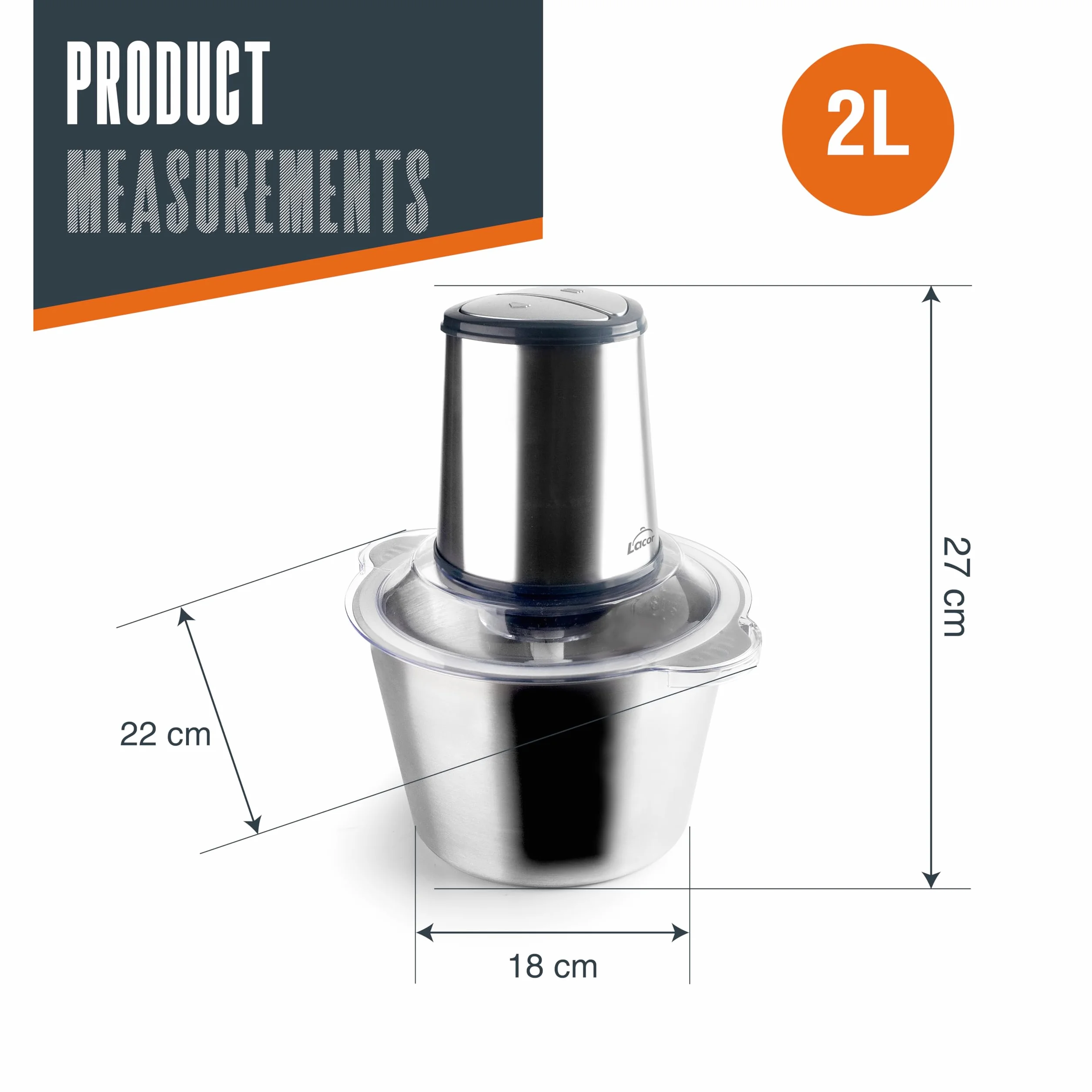Lacor - 69544 - Hachoir électrique en acier inoxydable, 300 W, 2 vitesses, 4 lames, Détachable, Pour hacher et couper, Acier inoxydable 18/10, 2 litres