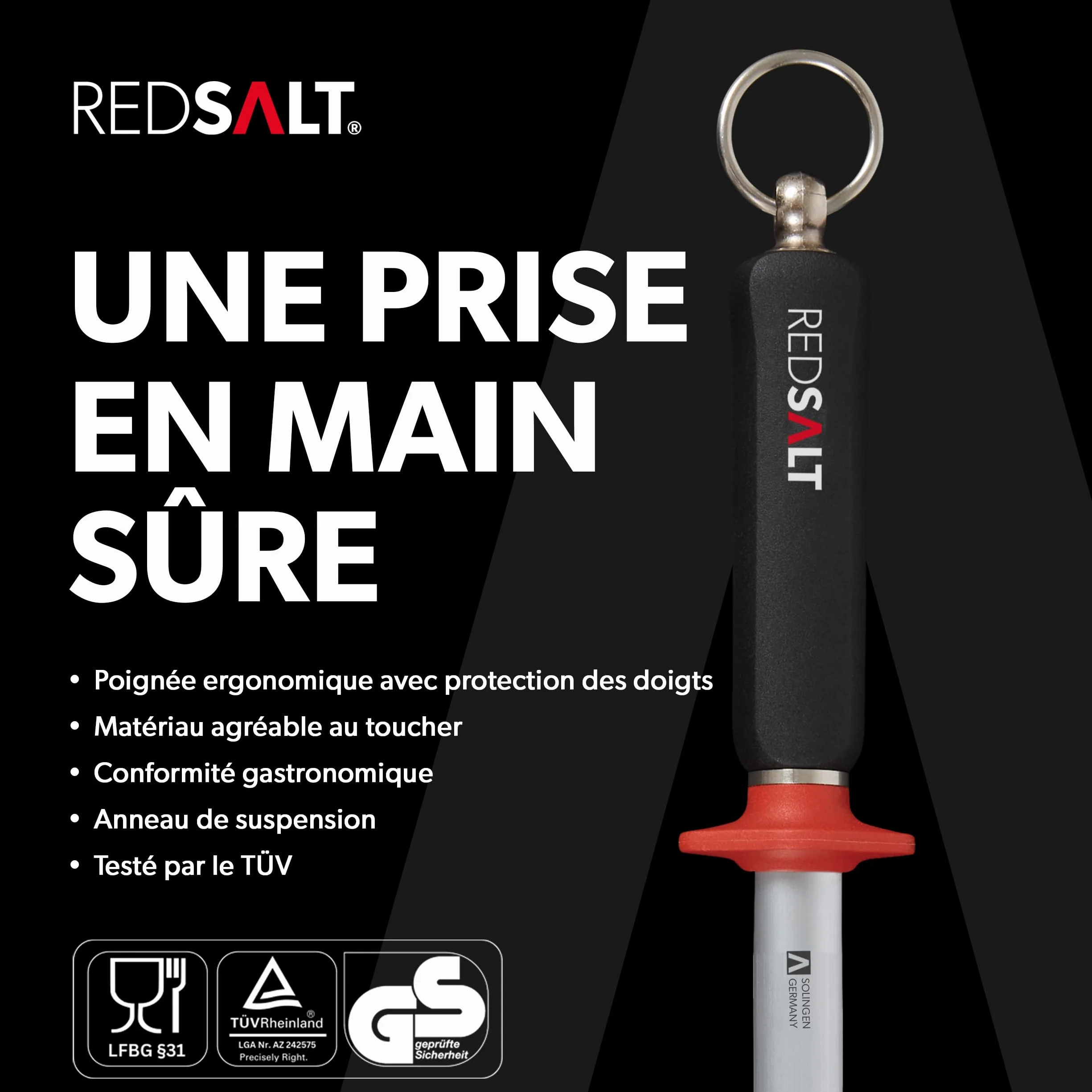 REDSALT® Premium fusil à aiguiser 30cm ovale micro-fin saphir pour couteaux de haute qualité | HRC 65 acier chrome vanadium Made in Germany | Aiguiseur professionnel, manche ergonomique