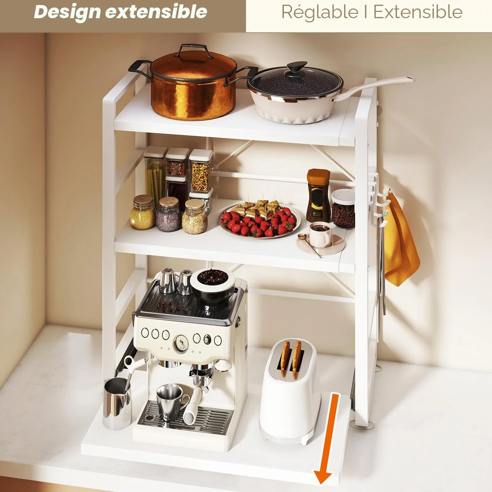 Étagère de cuisine à 3 niveaux - Réglable en hauteur et extensible avec tiroir - En acier au carbone - Avec crochets et ventouses de renfort - Étagère de boulangerie (blanc)
