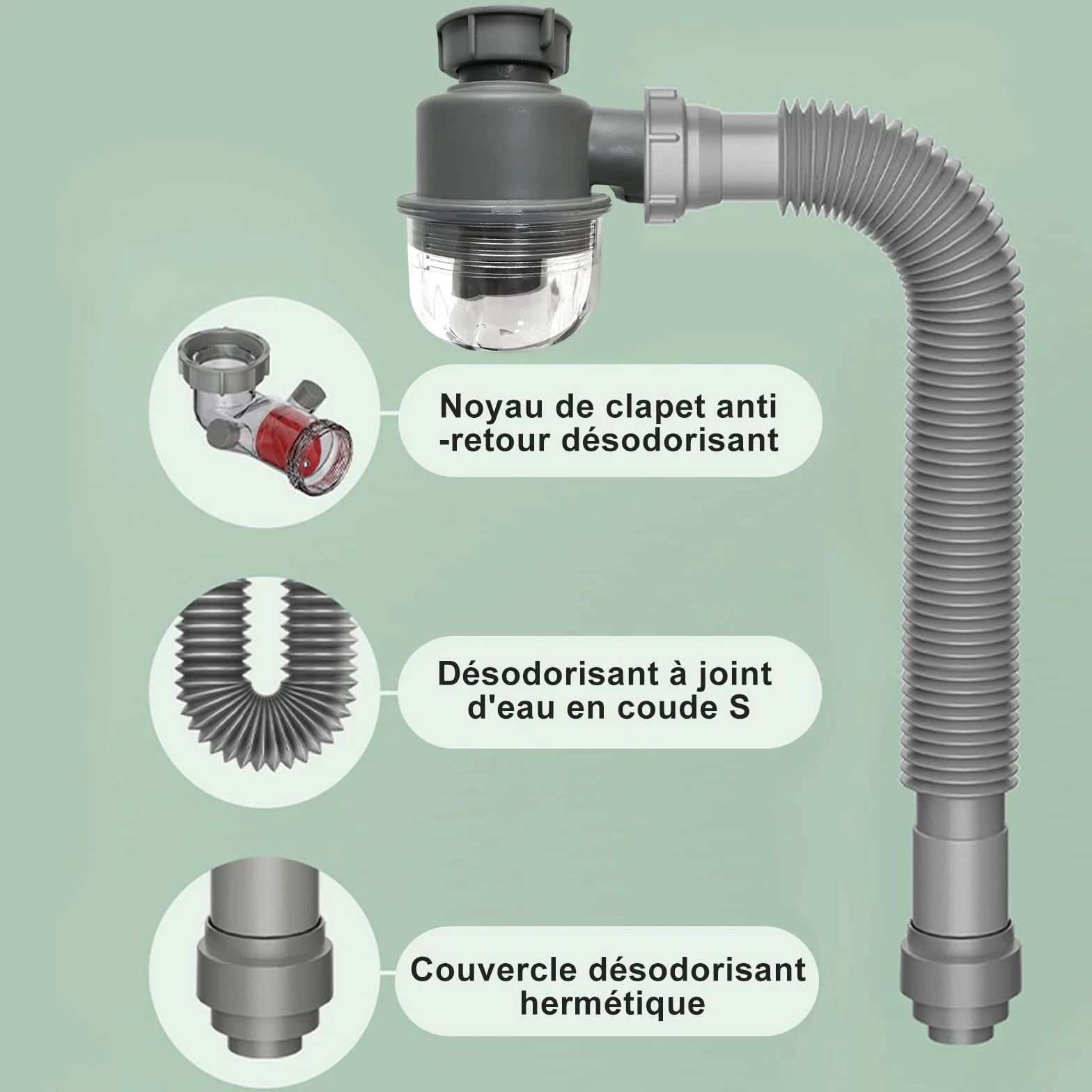 Kit de vidange double évier 1½" siphon P extensible coupelle anti-odeurs visible amovible lavable cuisine salle de bain