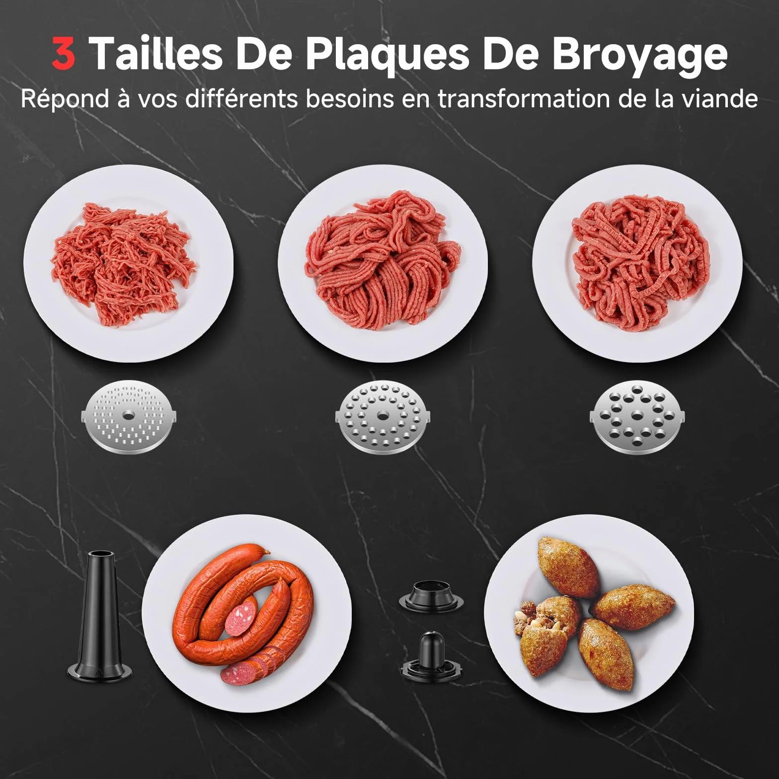 AAOBOSI Hachoir À Viande Électrique [3000W Max] - Avec Écran LED & 9 Réglages de Vitesse - Récipient de Stockage Intégré - Accessoires à Trancher, Saucisses et Kibbe Inclus - Pour Usage Domestique