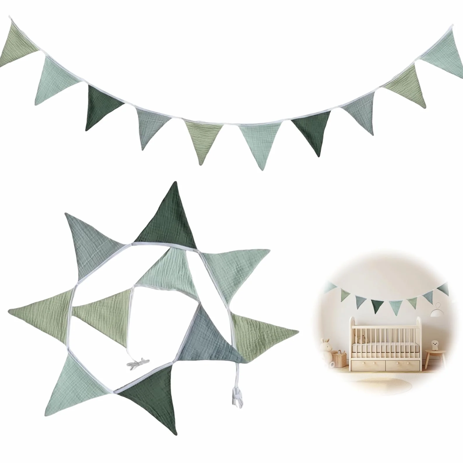 Guirlande de Fanions Vert Clair en Coton pour Chambre d'Enfant, Lit Bébé Garçon