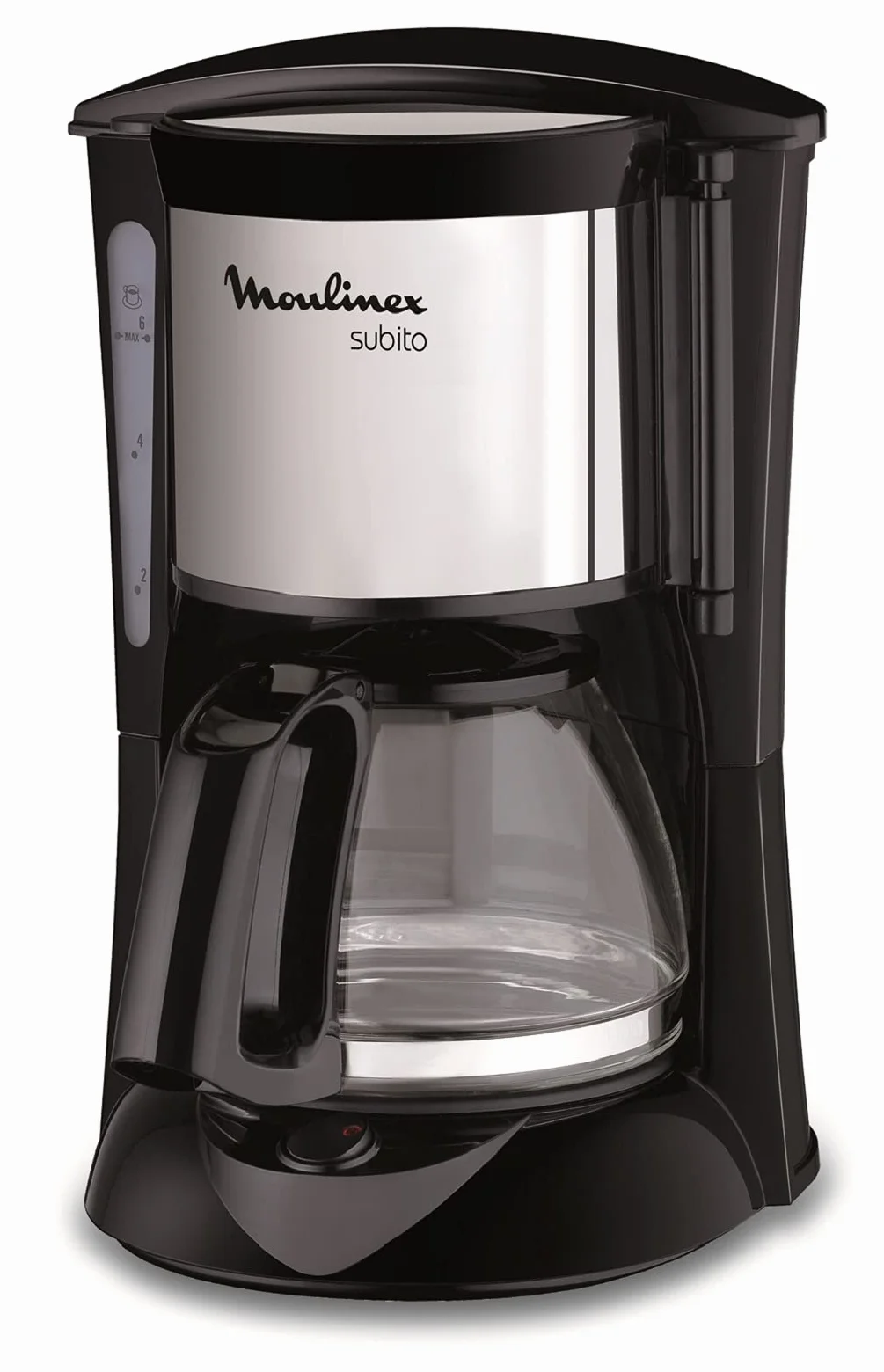 Moulinex Subito Cafetière filtre électrique, 0,6 L soit 6 tasses, Machine à café, Système anti goutte, Porte-filtre pivotant, Auto off 30 min FG150813, Noir/Inox